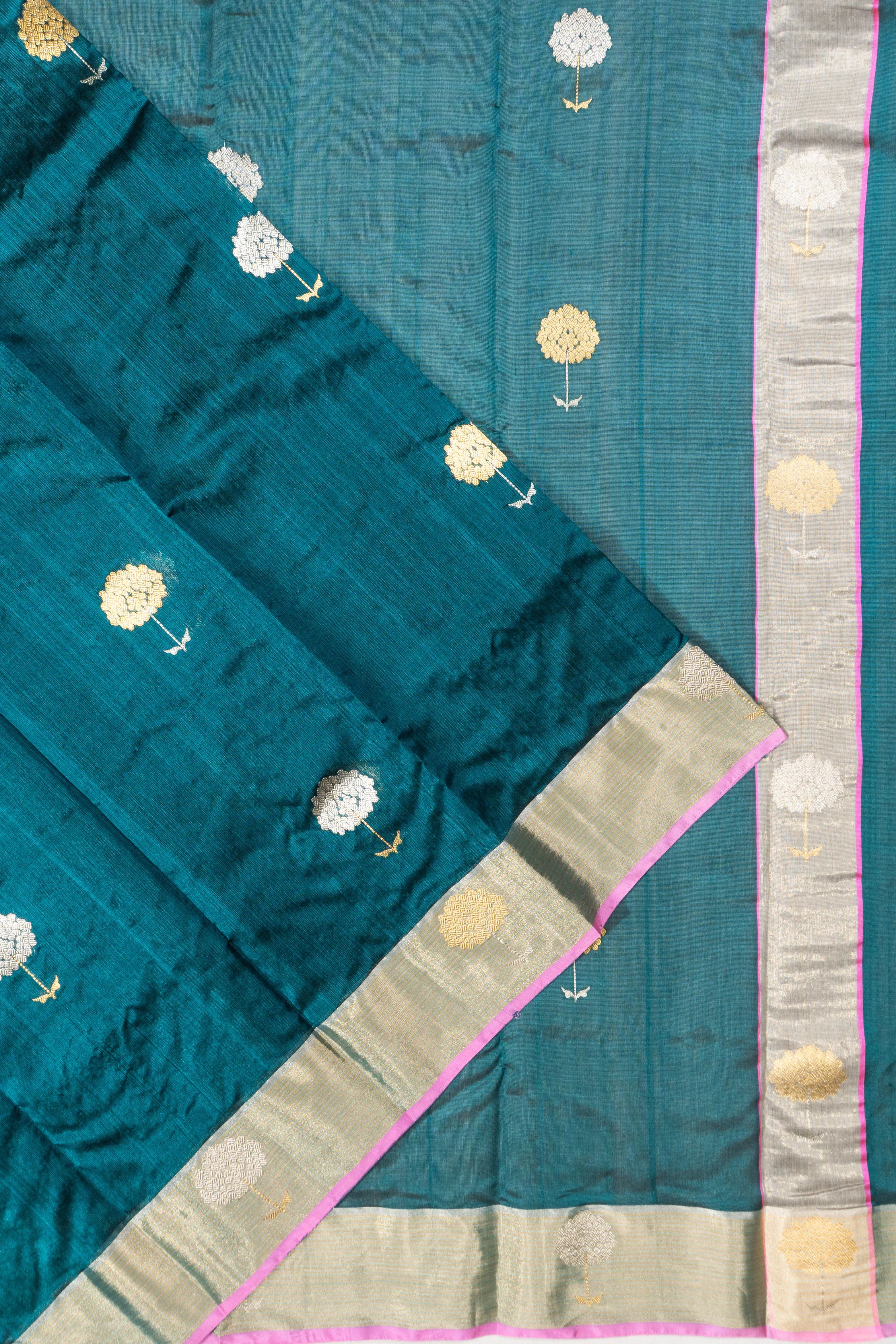 Chanderi Silk Butta Teal Blue Saree