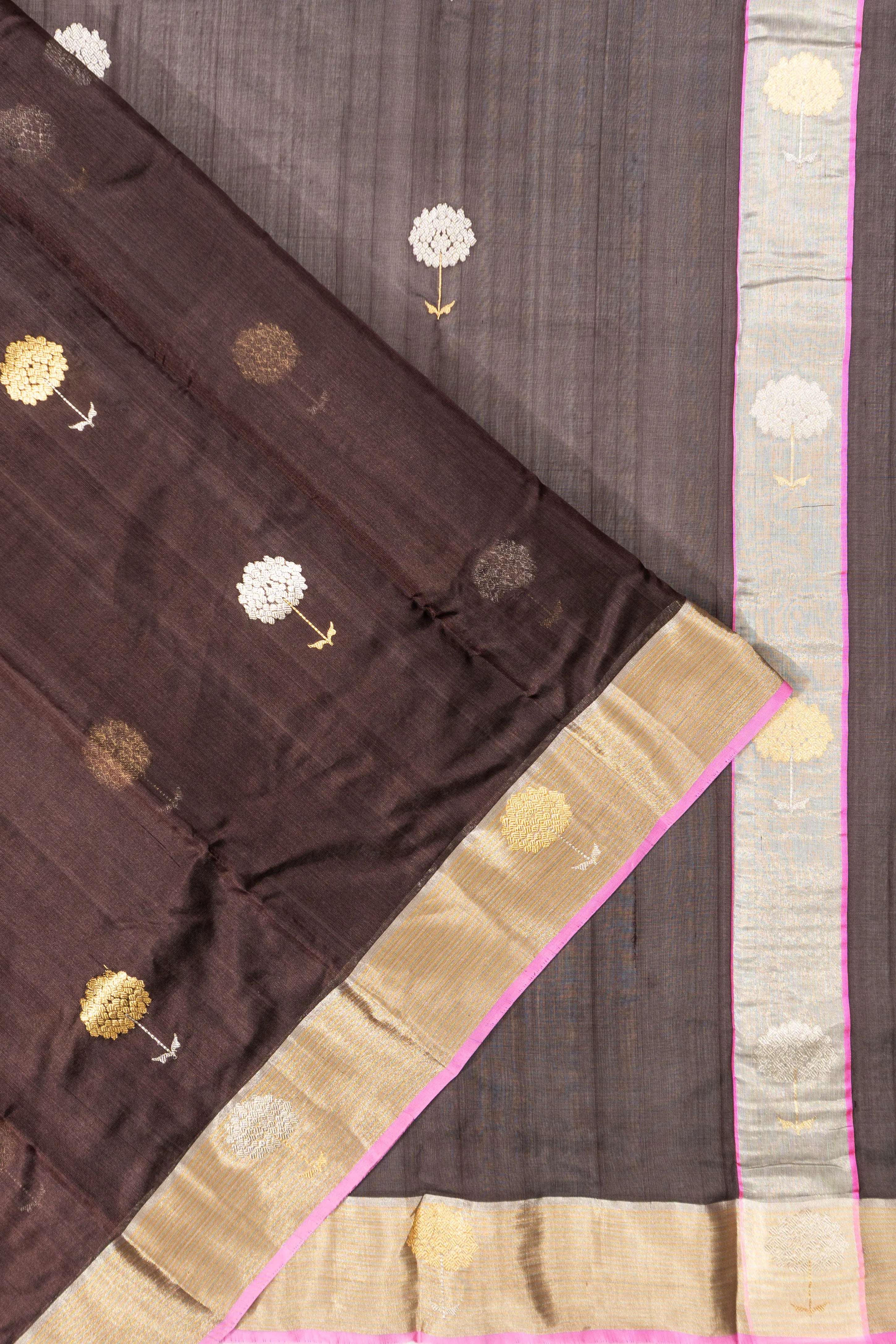 Chanderi Silk Butta Brown Saree