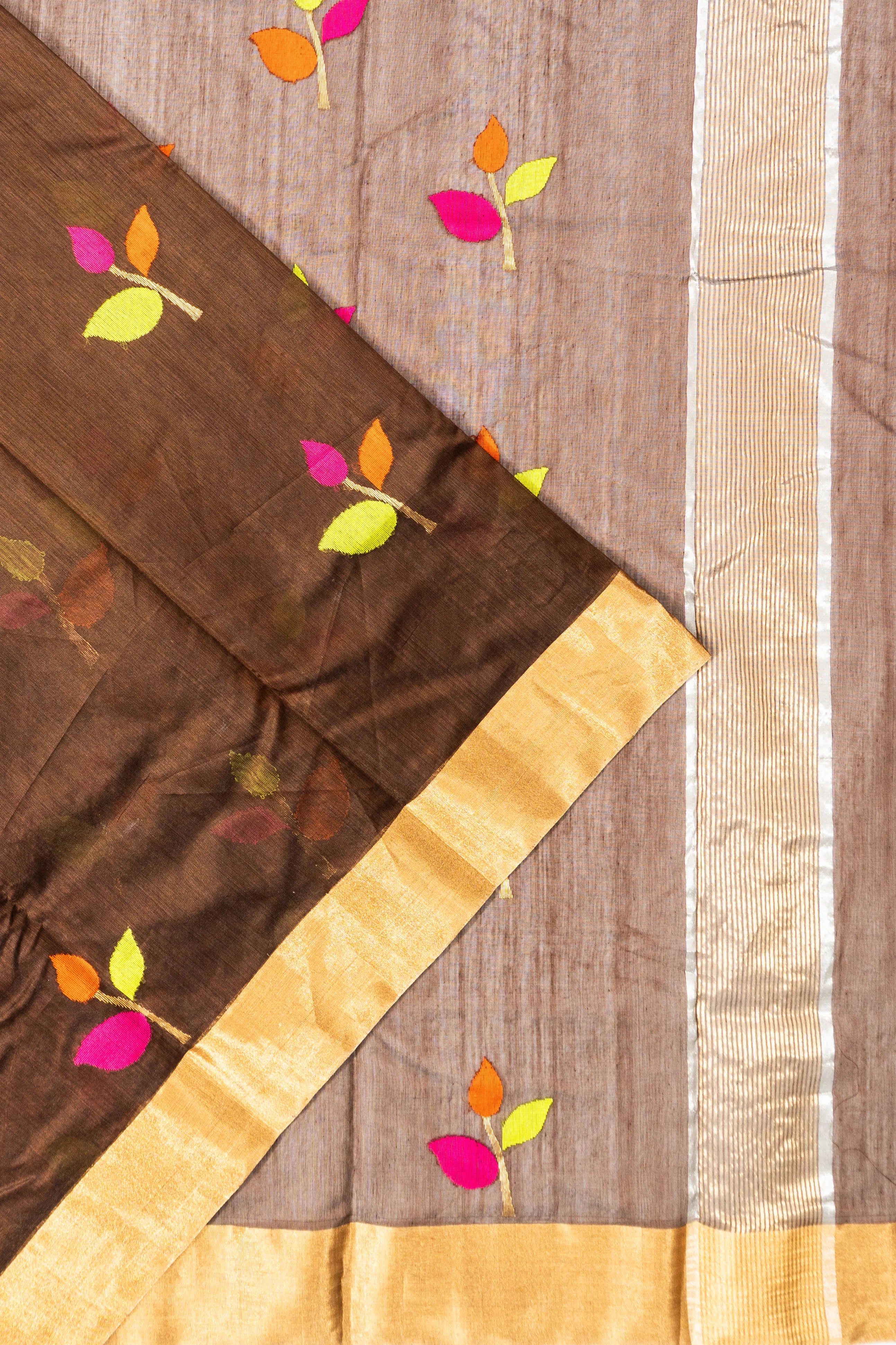 Chanderi Silk Butta Brown Saree