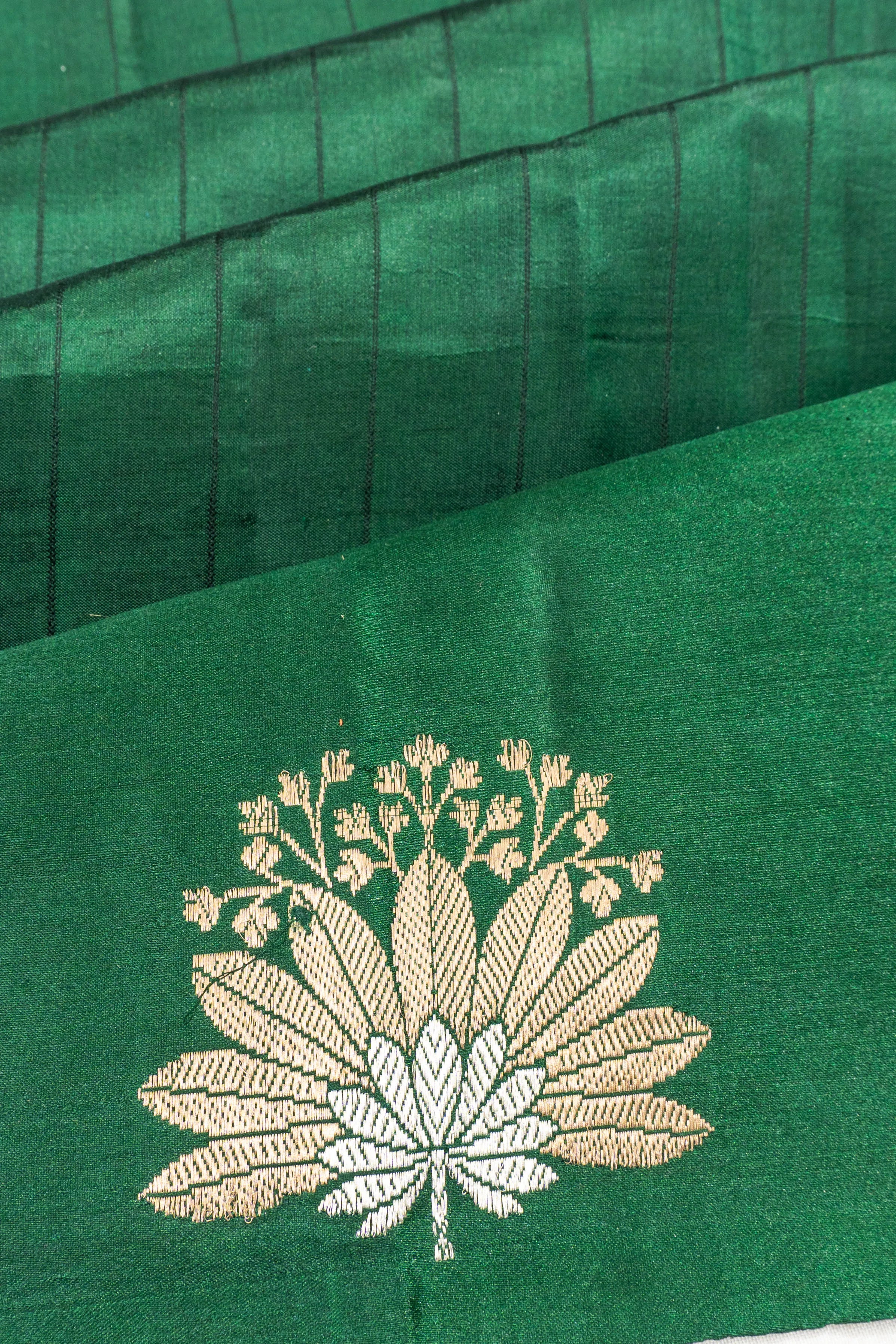 Banarasi Poona Silk Lines Dark Green Saree