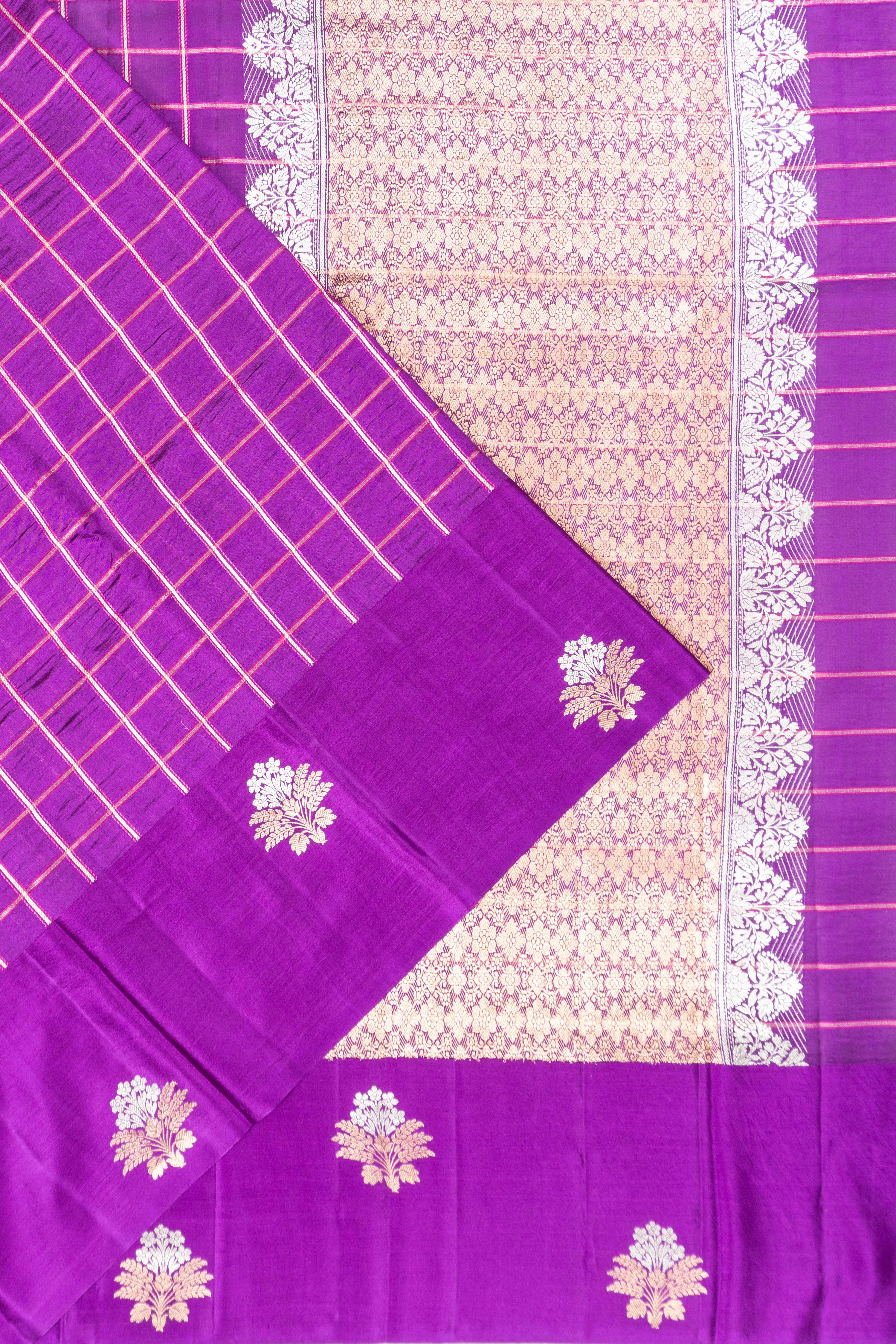 Banarasi Poona Silk Checks Purple Saree