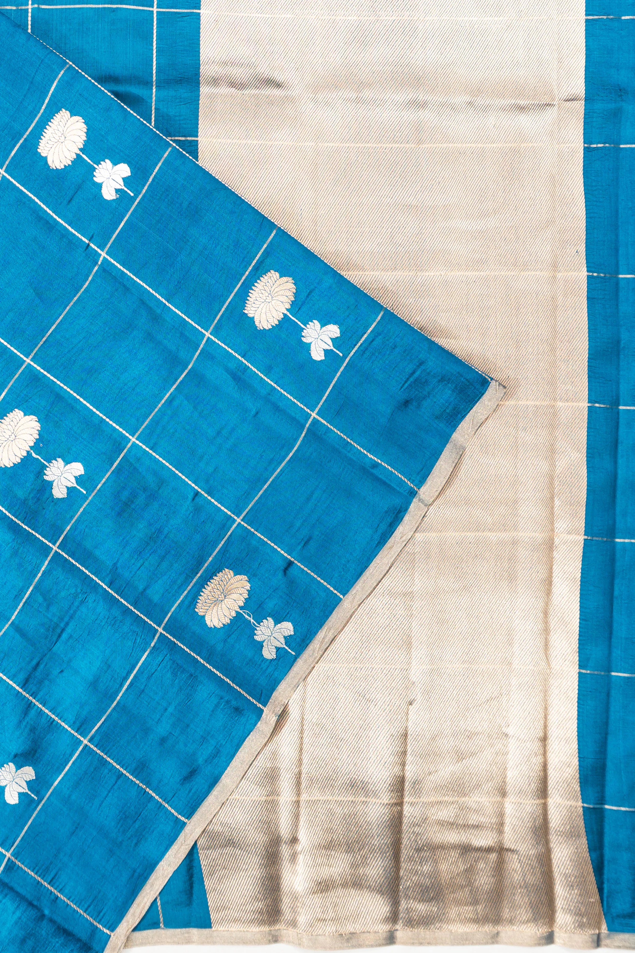 Banarasi Poona Silk Checks And Butta Blue Saree