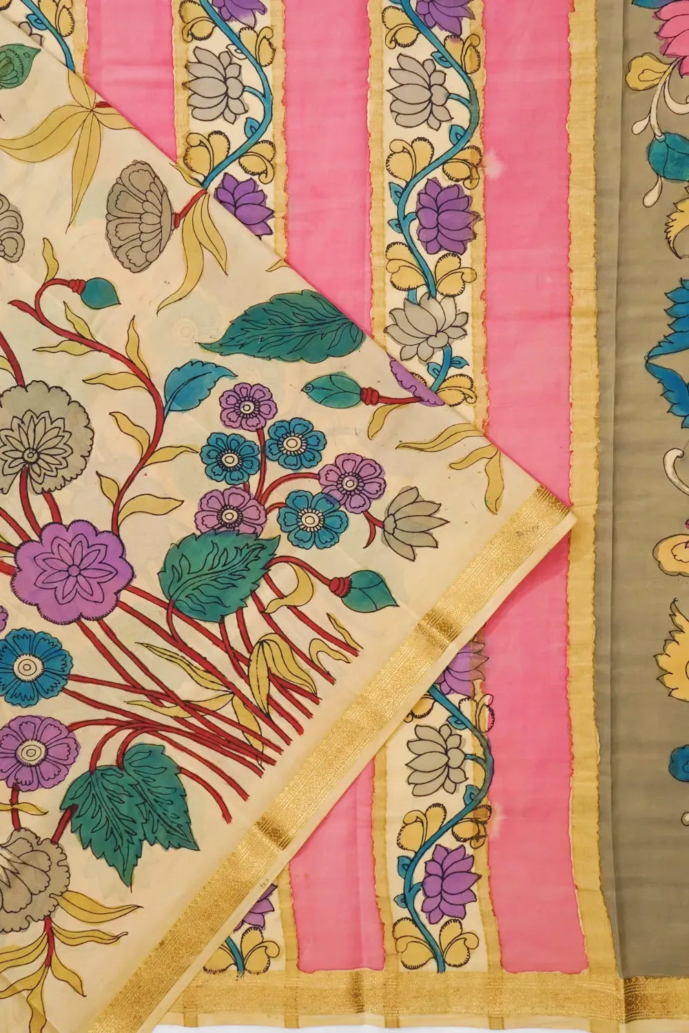 Mysore Silk Kalamkari Hand Painted Cream Saree