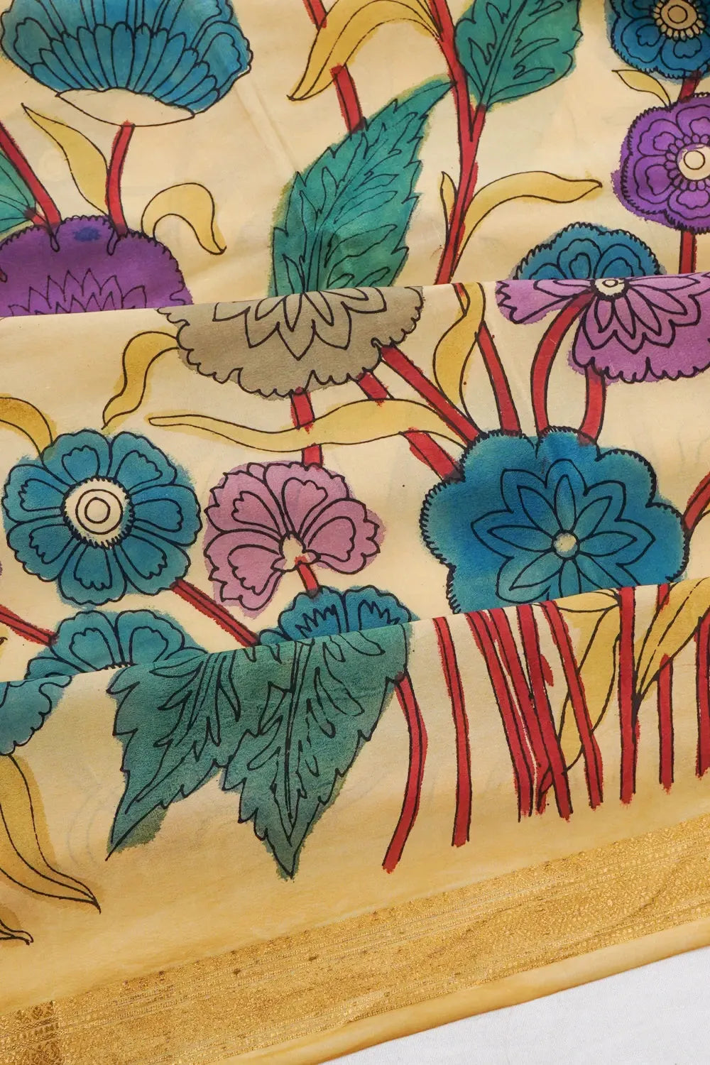 Mysore Silk Kalamkari Hand Painted Cream Saree