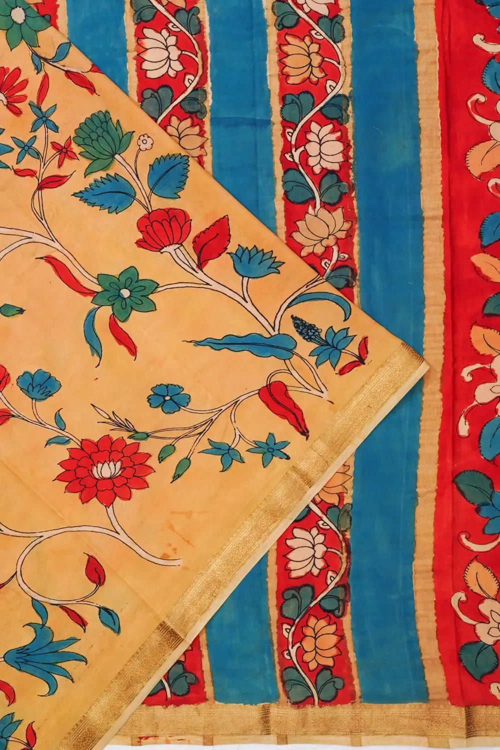 Mysore Silk Kalamkari Hand Painted Pastel Orange Saree