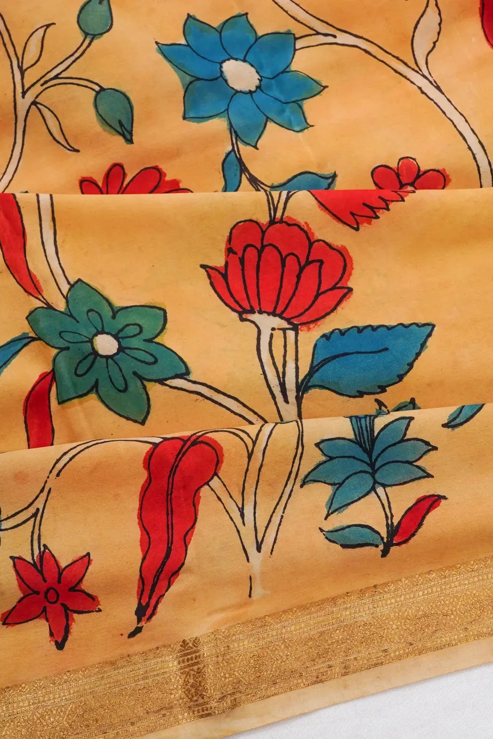 Mysore Silk Kalamkari Hand Painted Pastel Orange Saree