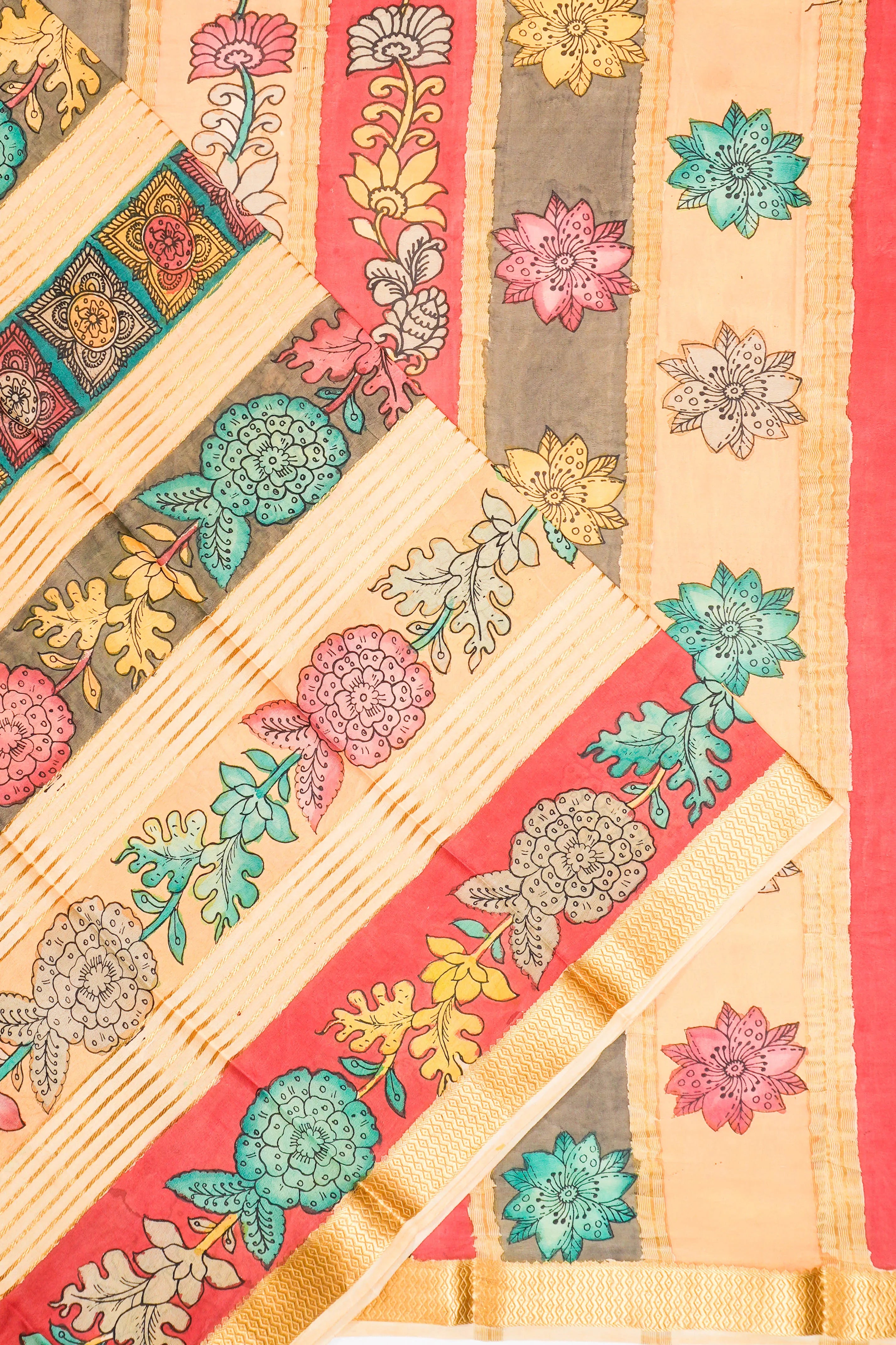 Kalamkari Silk Handpainted Cream Saree