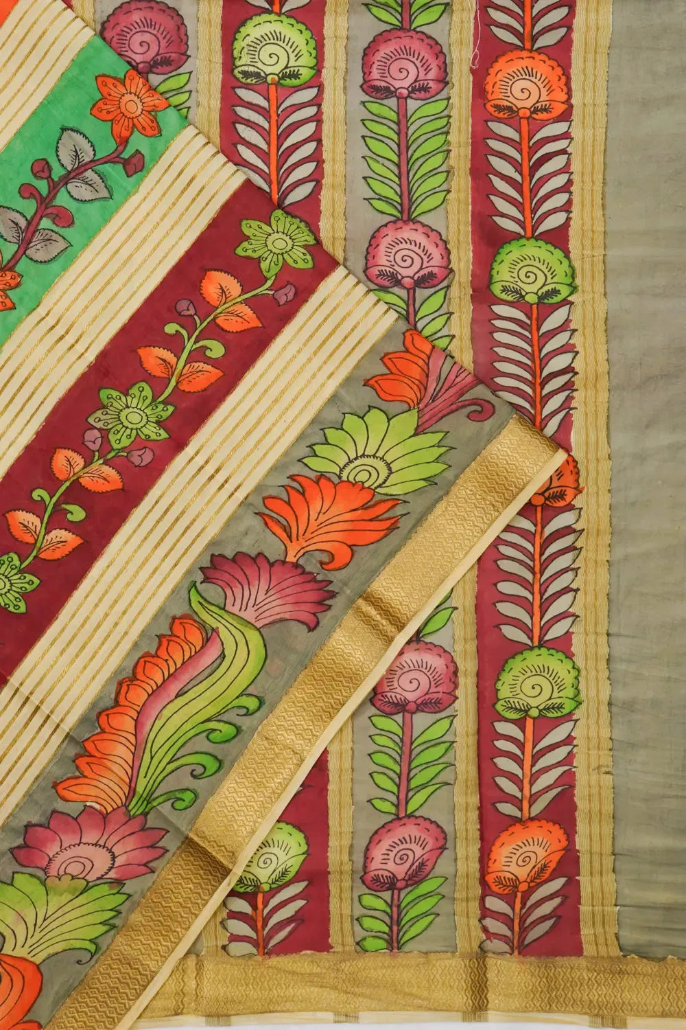Mysore Silk Kalamkari Hand Painted Cream Saree
