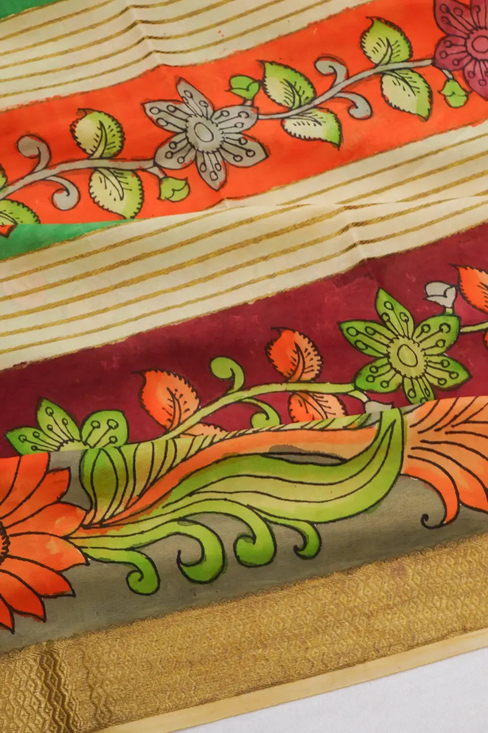 Mysore Silk Kalamkari Hand Painted Cream Saree