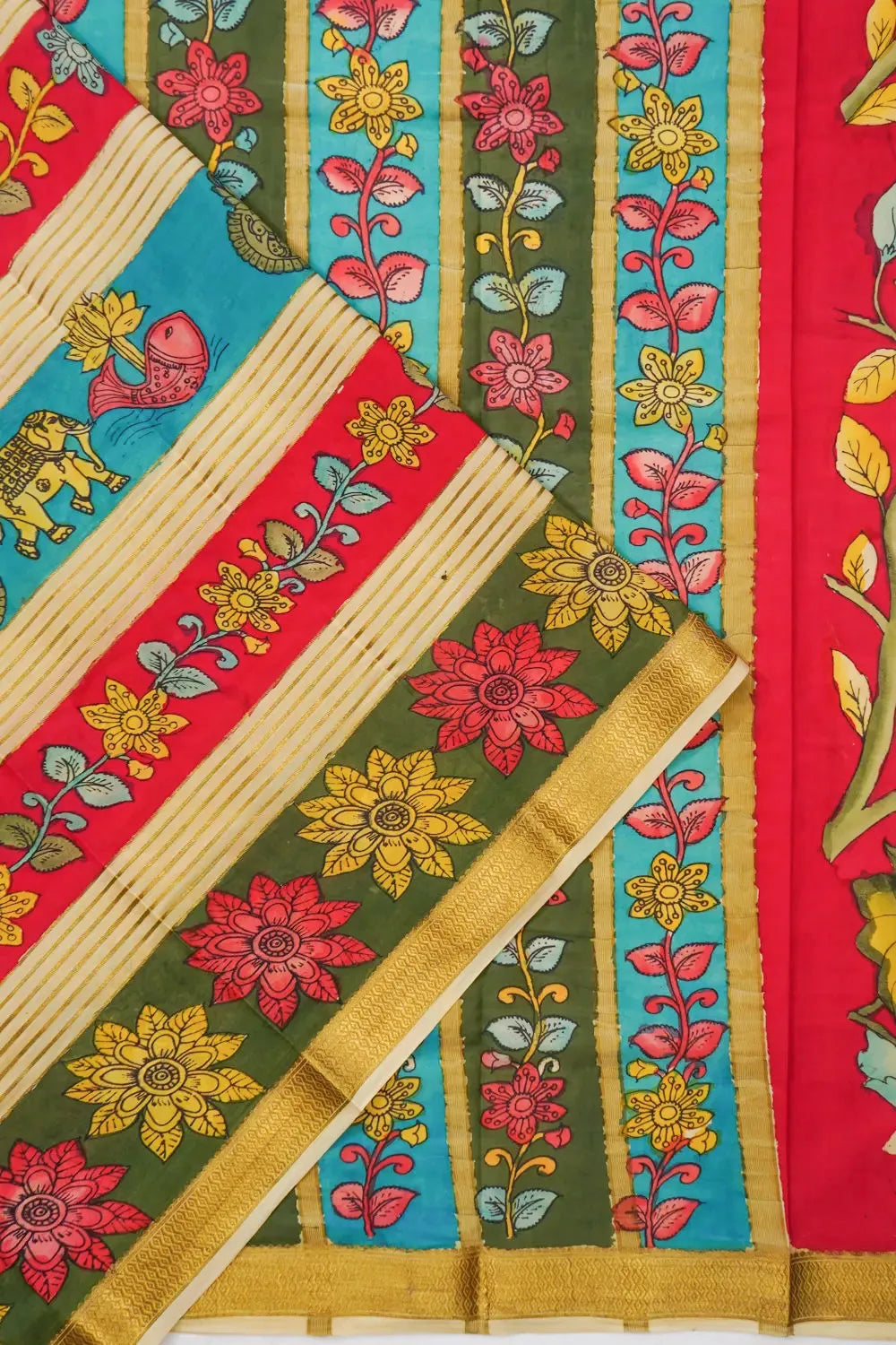 Mysore Silk Kalamkari Hand Painted Cream Saree