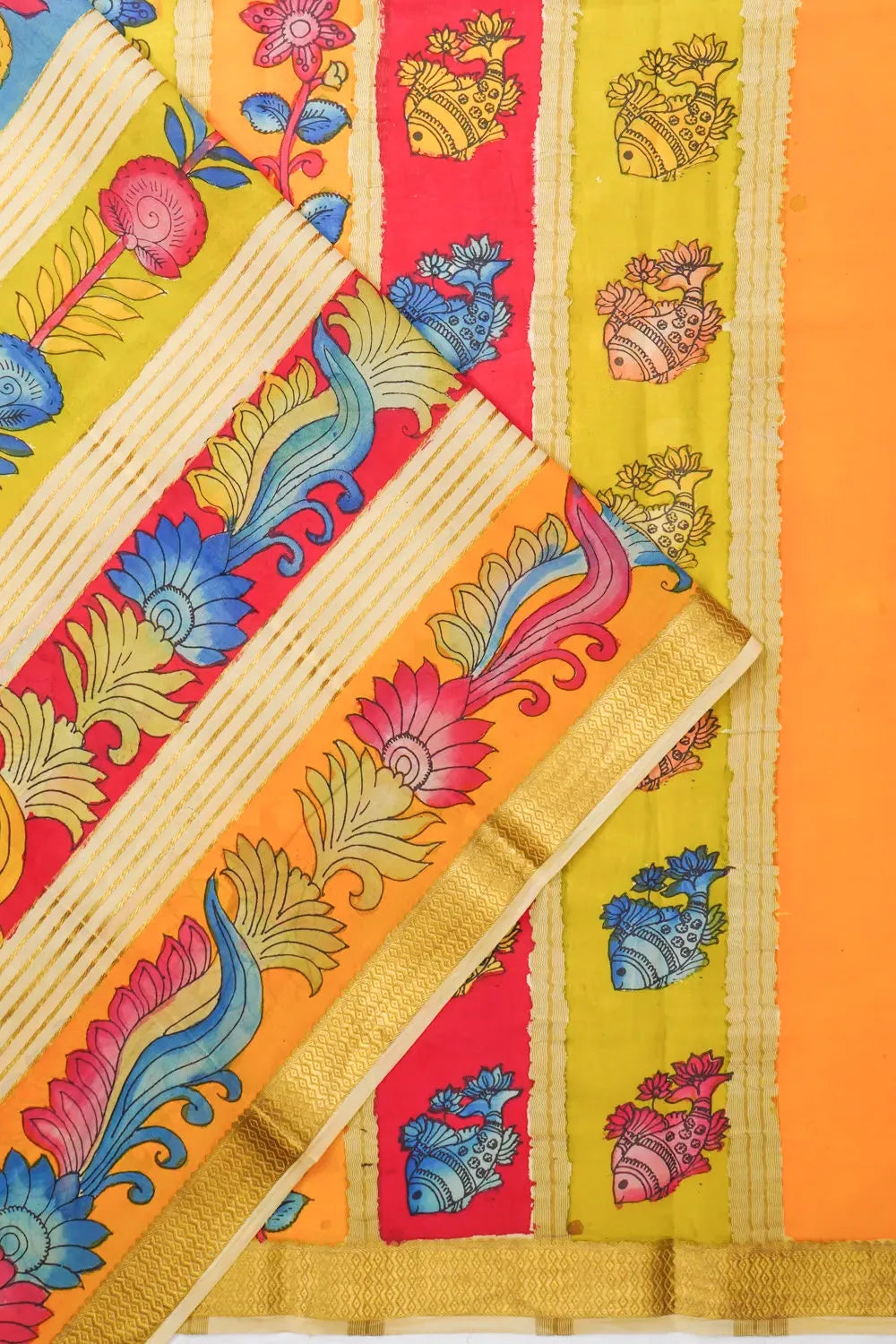 Mysore Silk Kalamkari Hand Painted Cream Saree