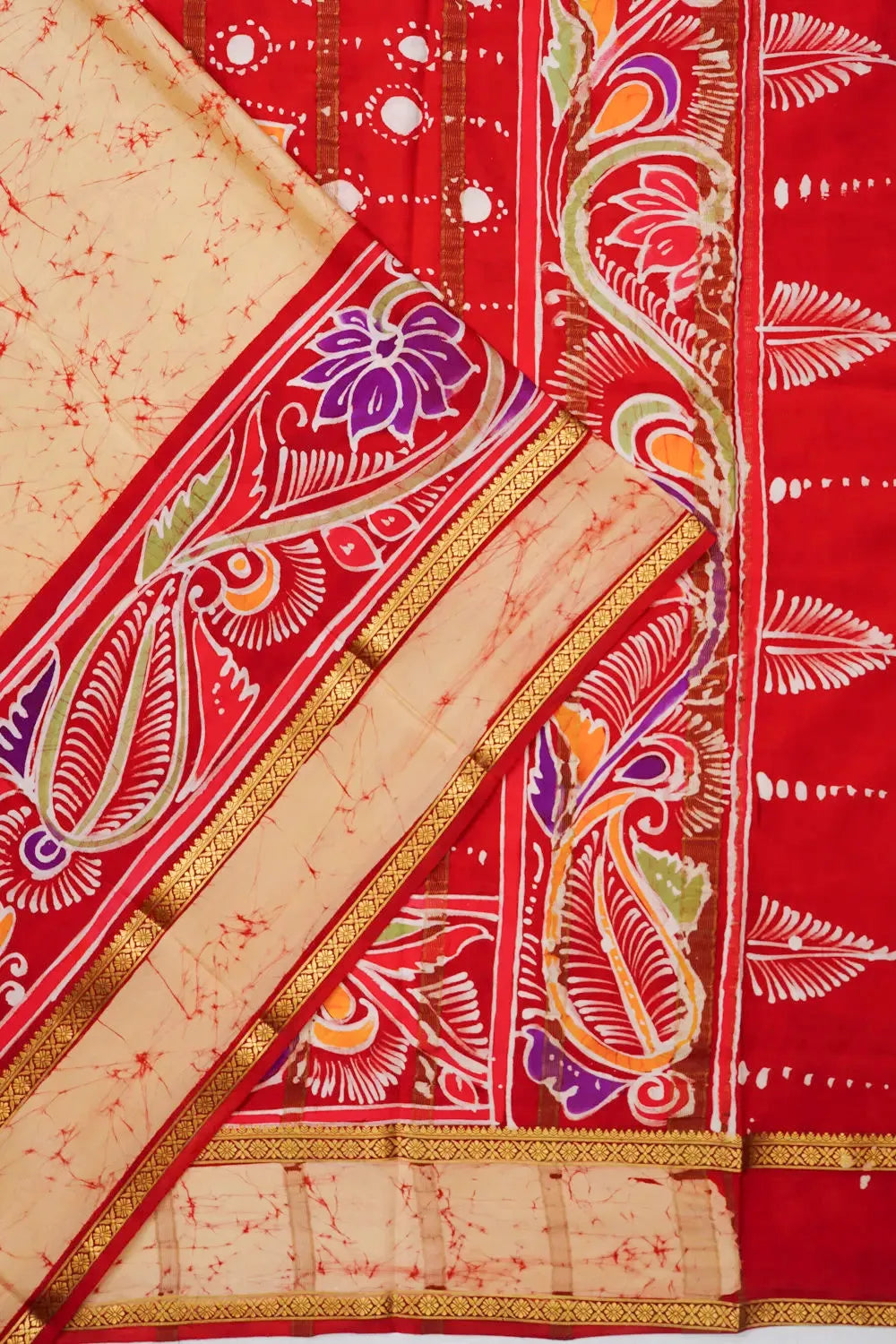 Mysore Silk Batik Printed Cream Saree
