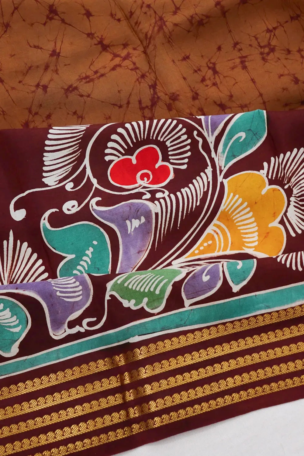 Mysore Silk Batik Printed Choco Brown Saree