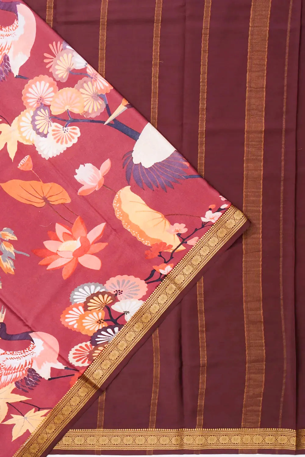 Mysore Silk Floral Printed Burgundy Saree