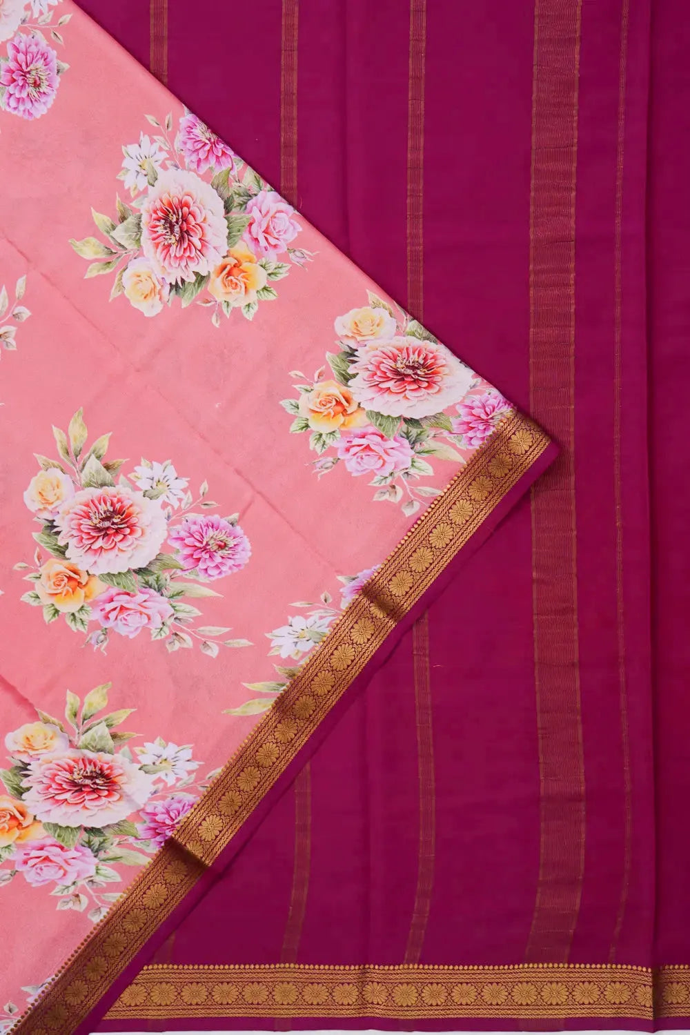 Mysore Silk Floral Printed Baby Pink Saree