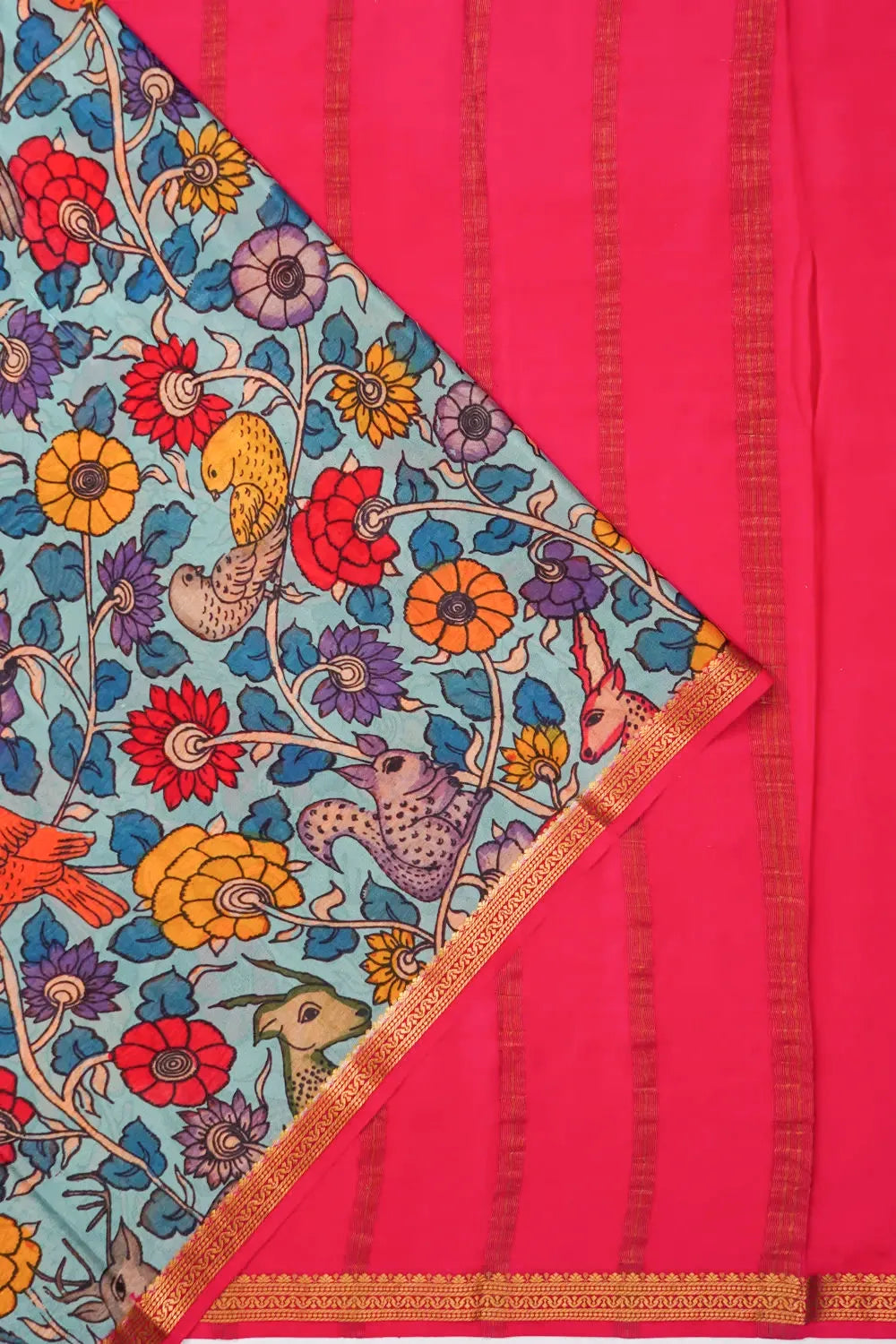 Mysore Silk Kalamkari Printed Sea Blue Saree