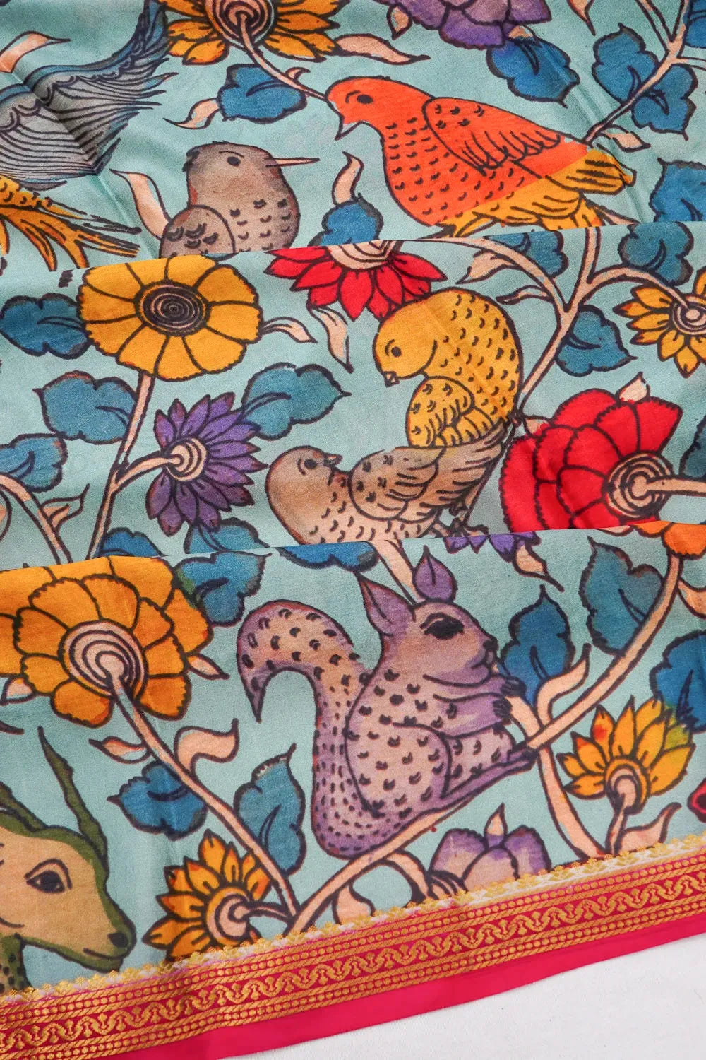 Mysore Silk Kalamkari Printed Sea Blue Saree