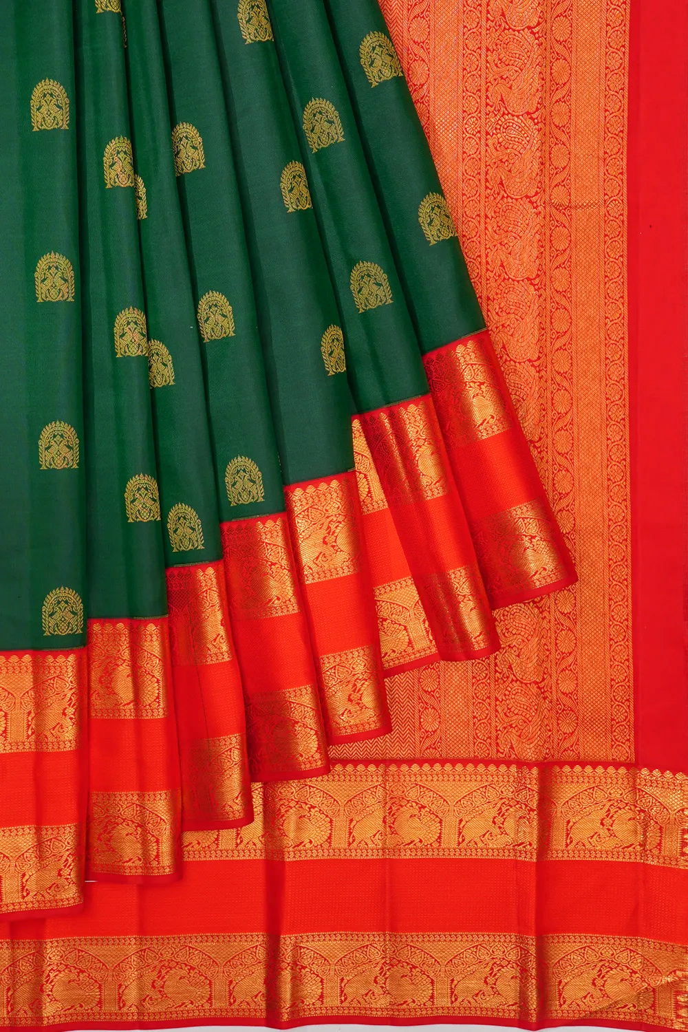 Taranga Kanchi Silk Butta Bottle Green Saree With Rettai Pettu Border