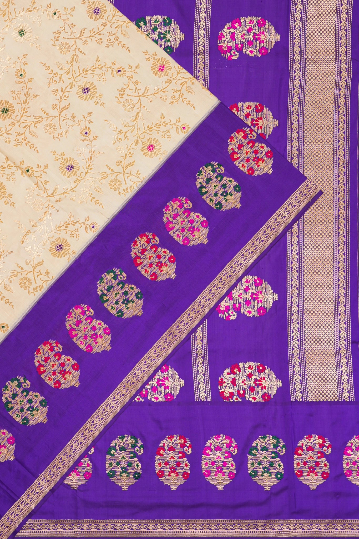 Banarasi Silk All Over Jaal Cream Saree With Ganga Jamuna Border
