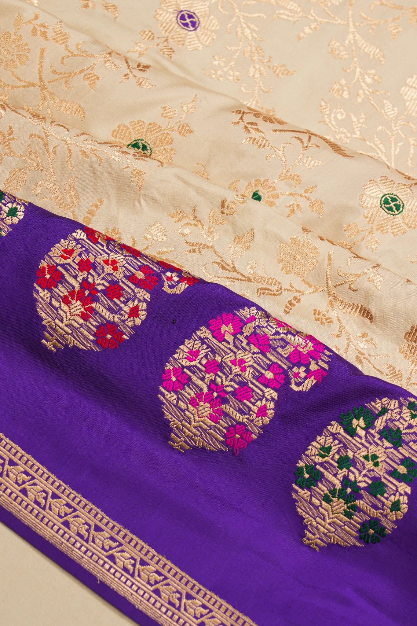Banarasi Silk All Over Jaal Cream Saree With Ganga Jamuna Border