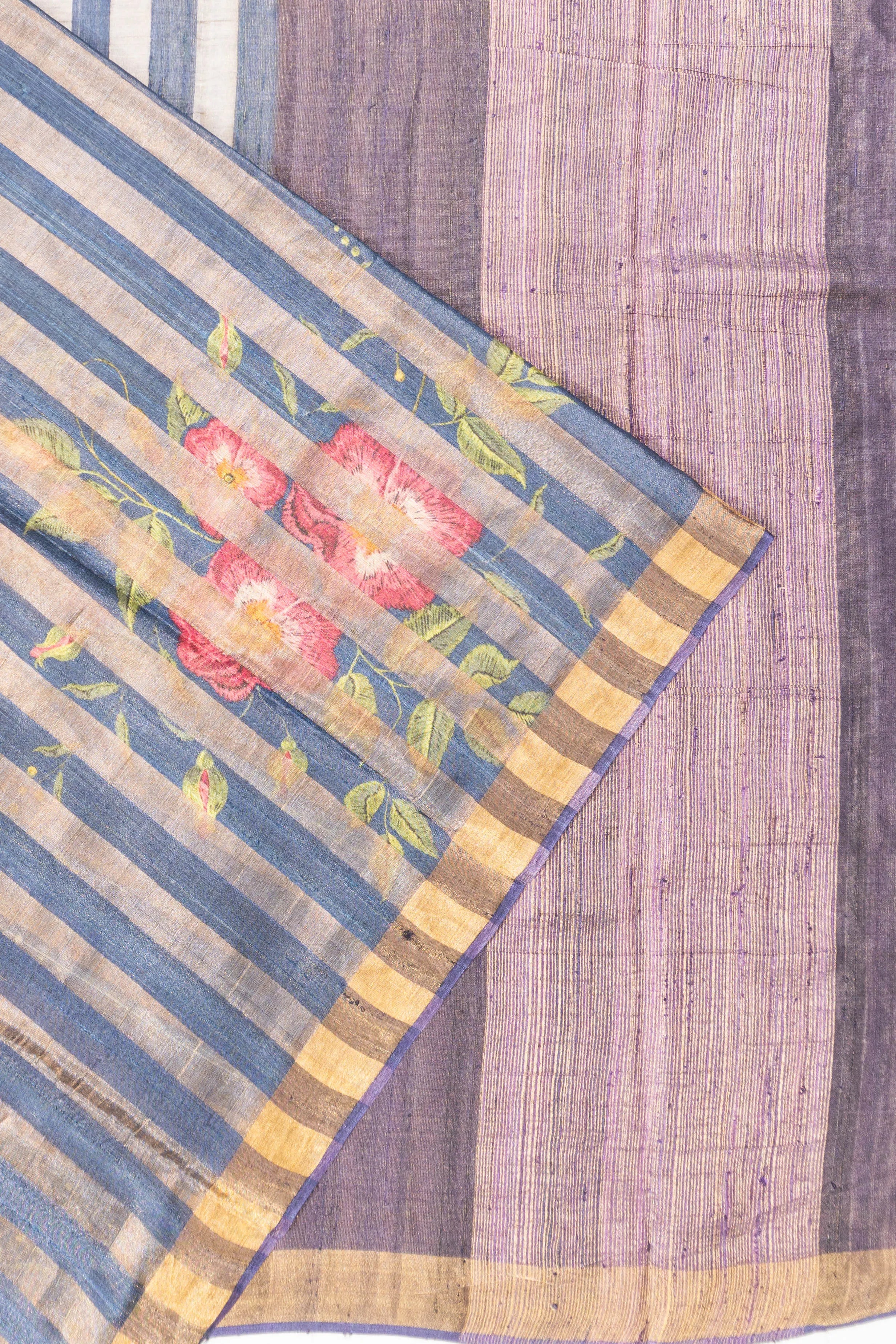 Tussar Organza Tissue Vertical Lines And Floral Printed Blue Saree