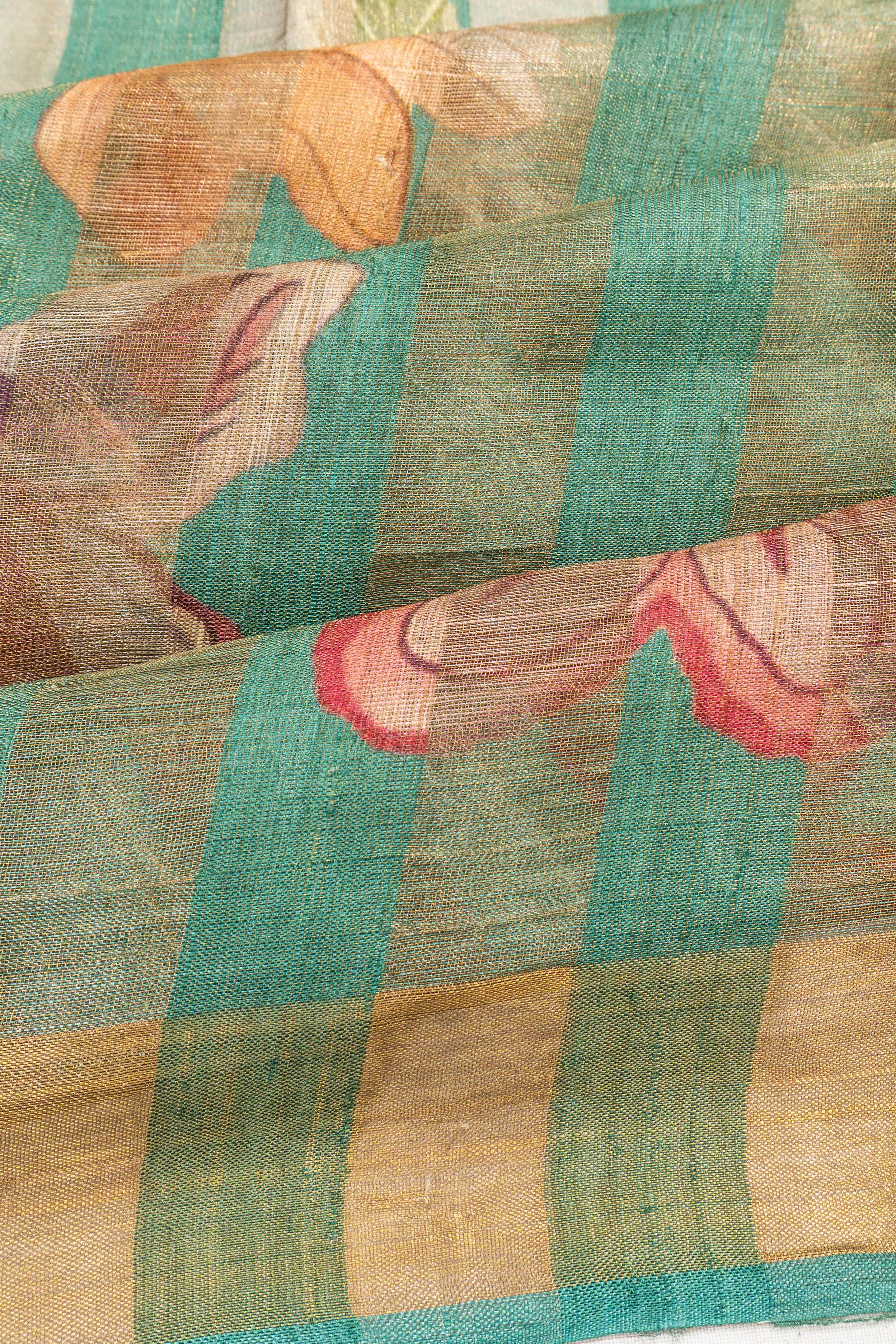 Tussar Organza Tissue Vertical Lines And Floral Printed Sea Green Saree