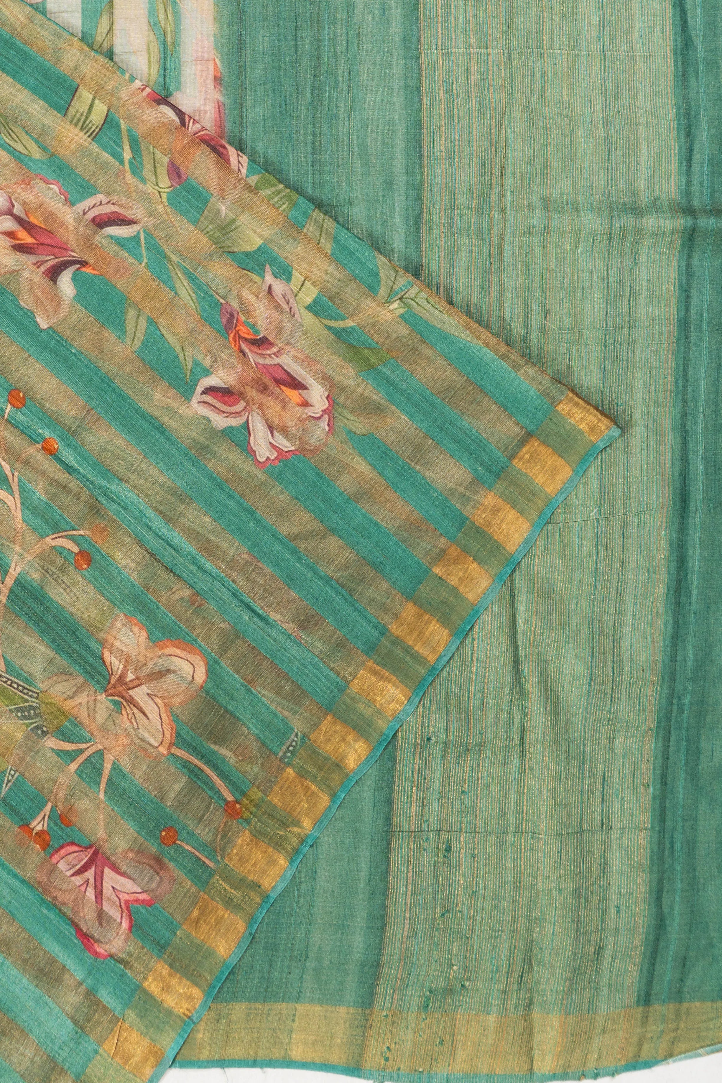 Tussar Organza Tissue Vertical Lines And Floral Printed Sea Green Saree