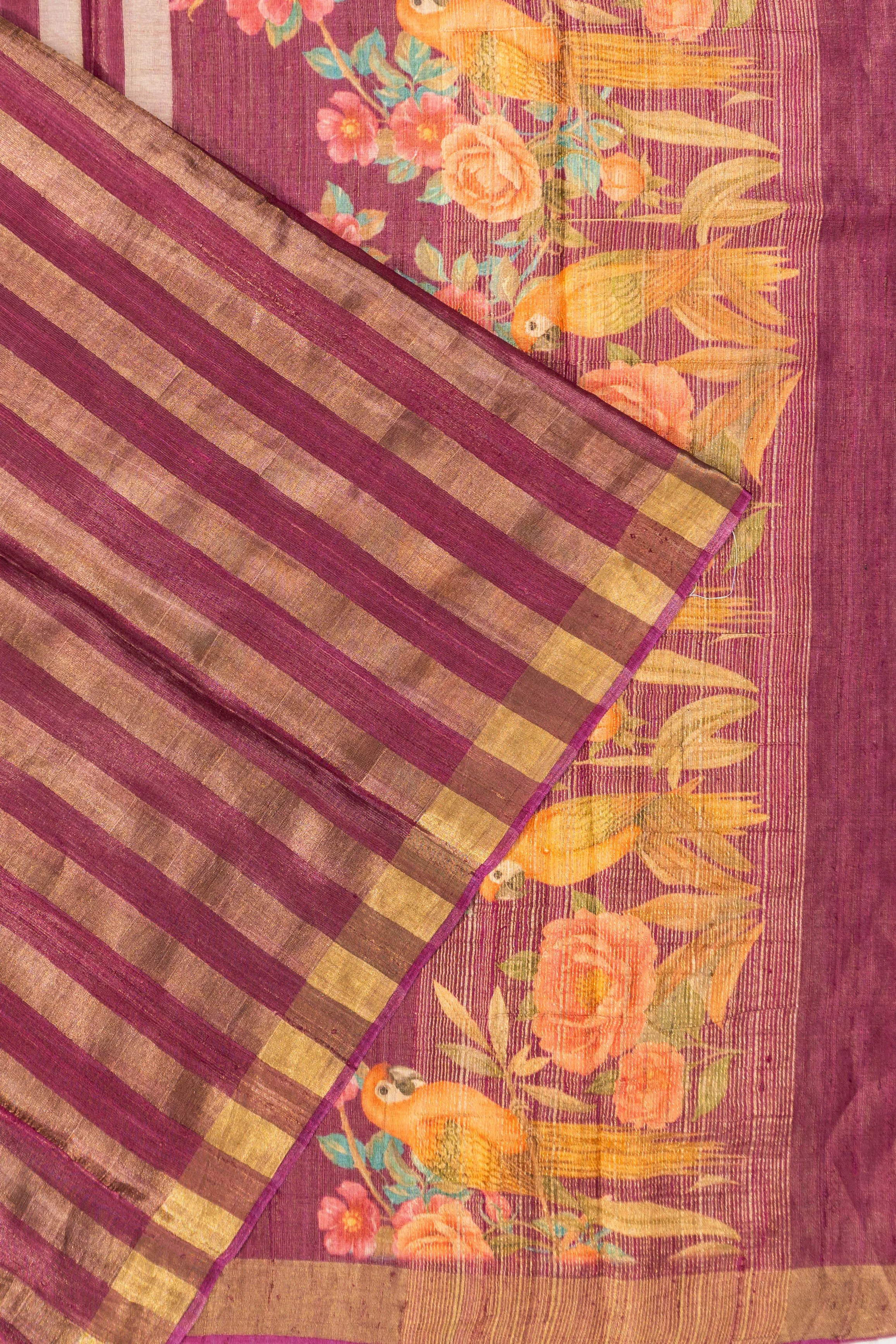 Tussar Organza Tissue Vertical Lines Pink Saree