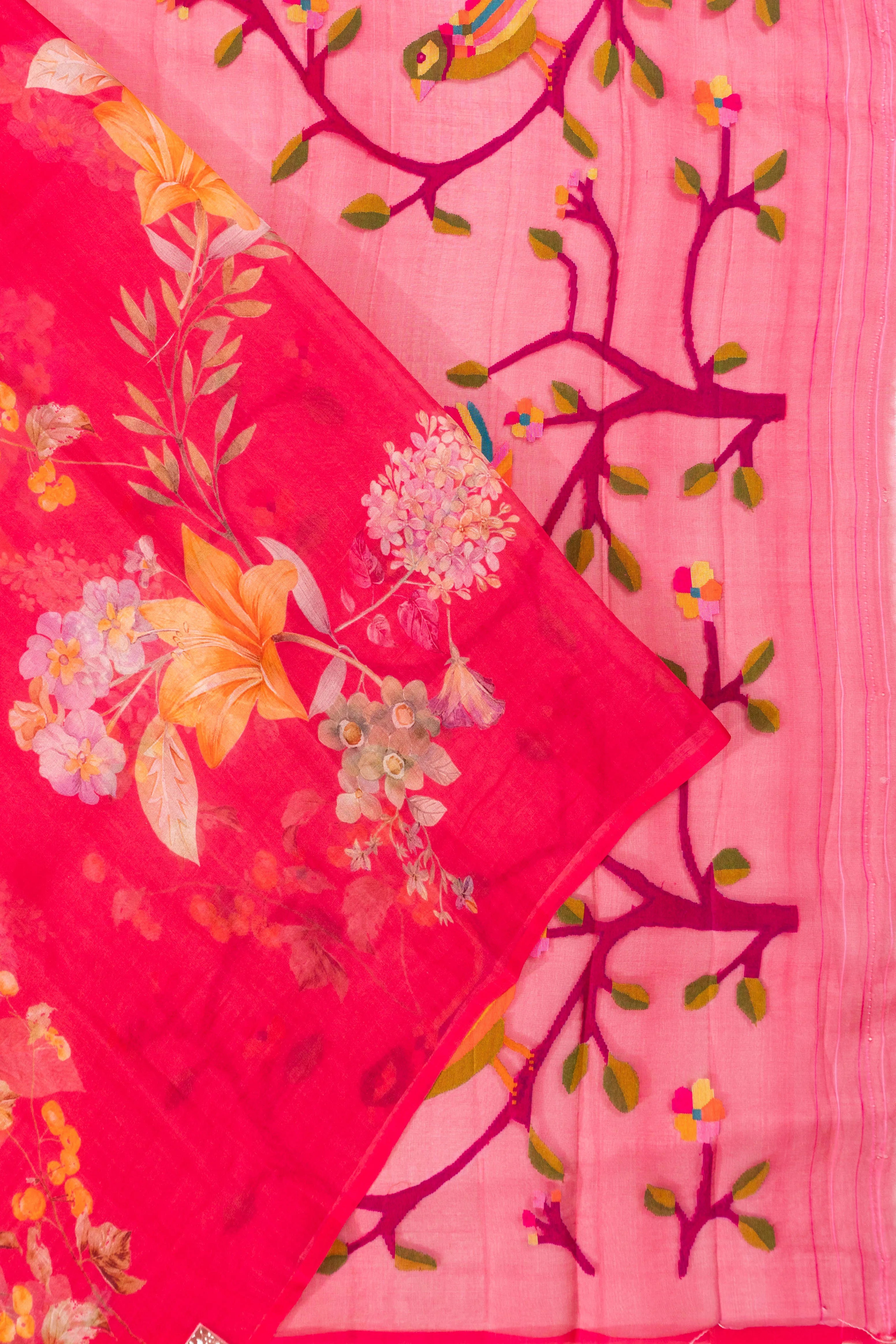 Organza Floral Printed Pink Saree