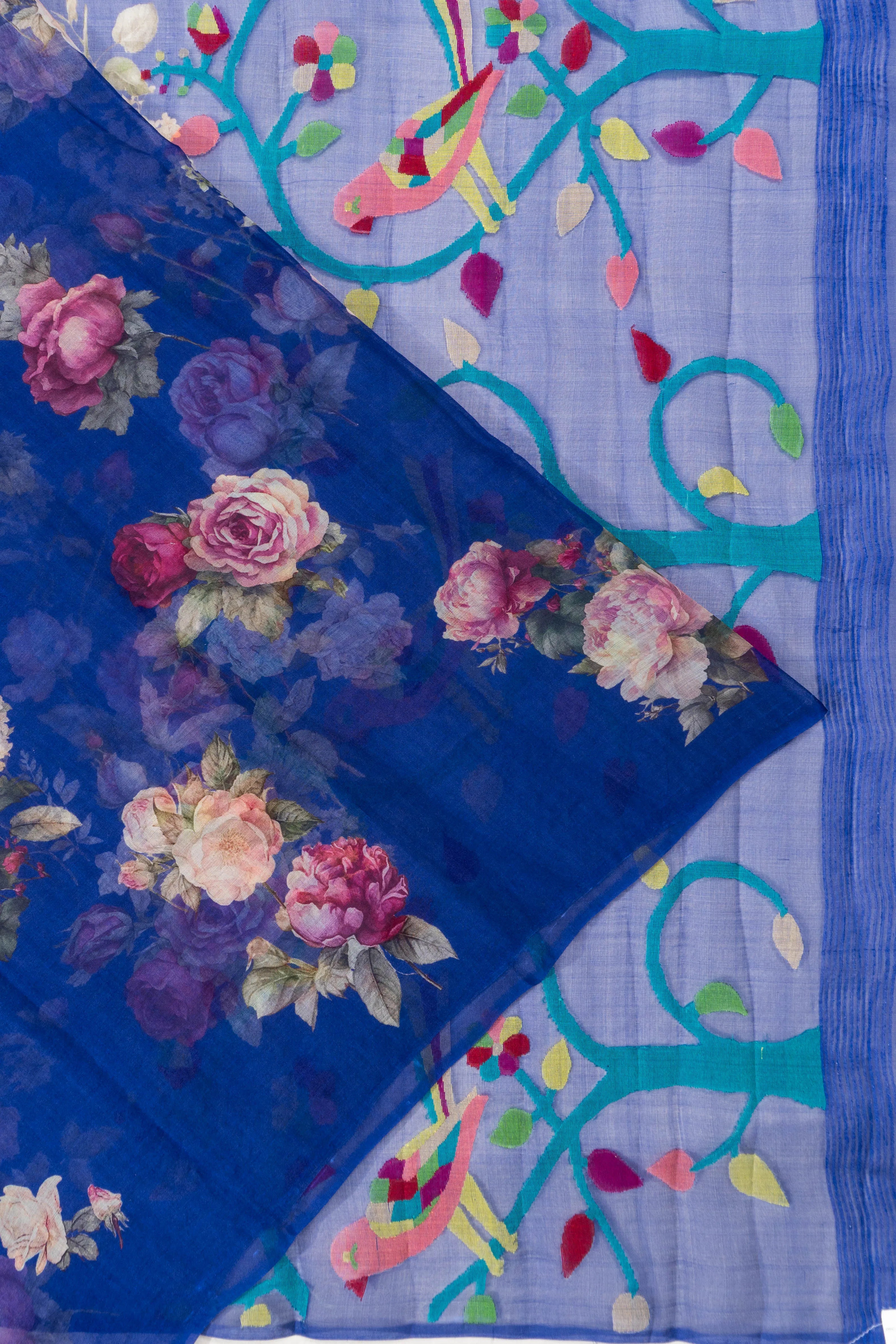 Organza Floral Printed Dark Blue Saree