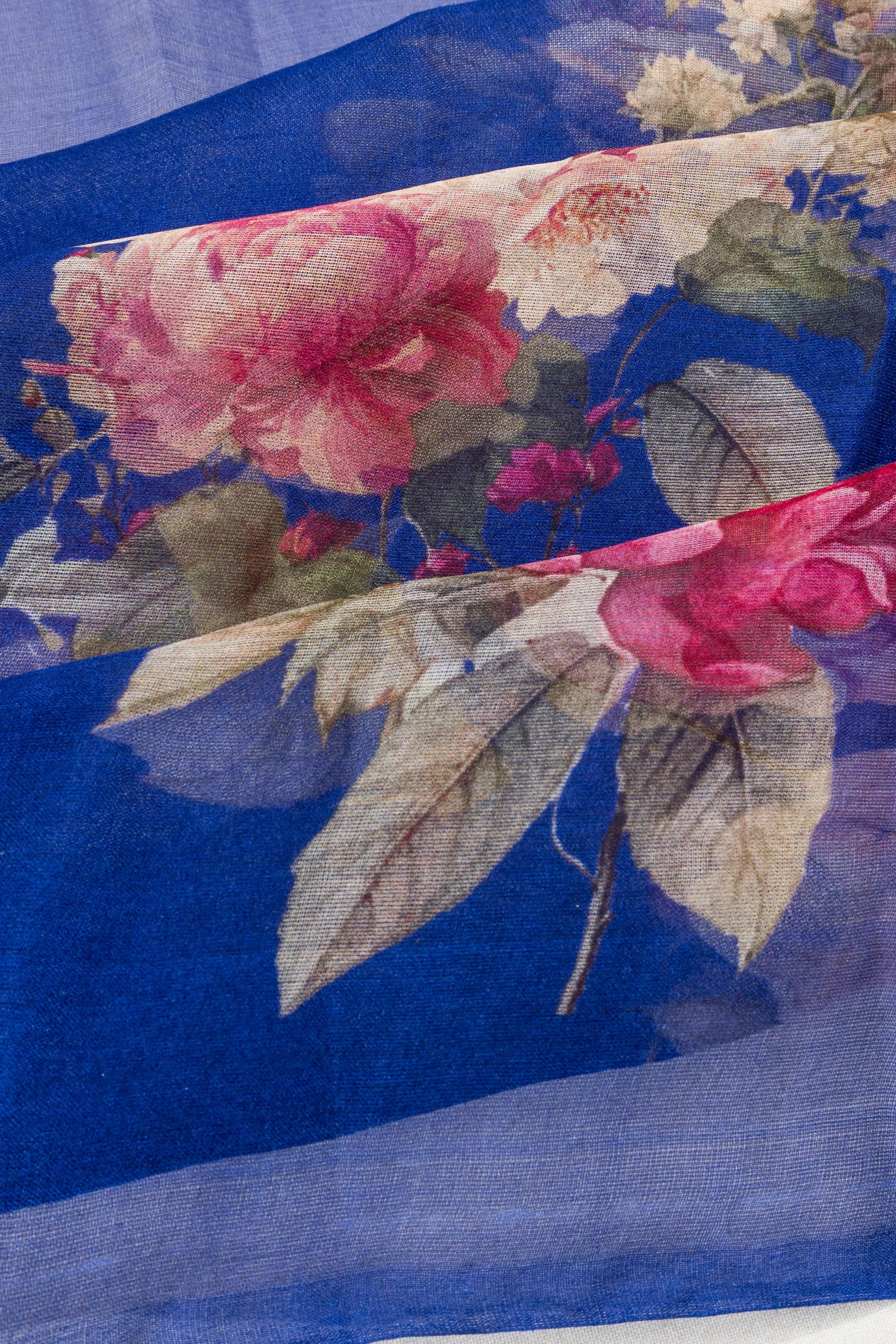 Organza Floral Printed Dark Blue Saree