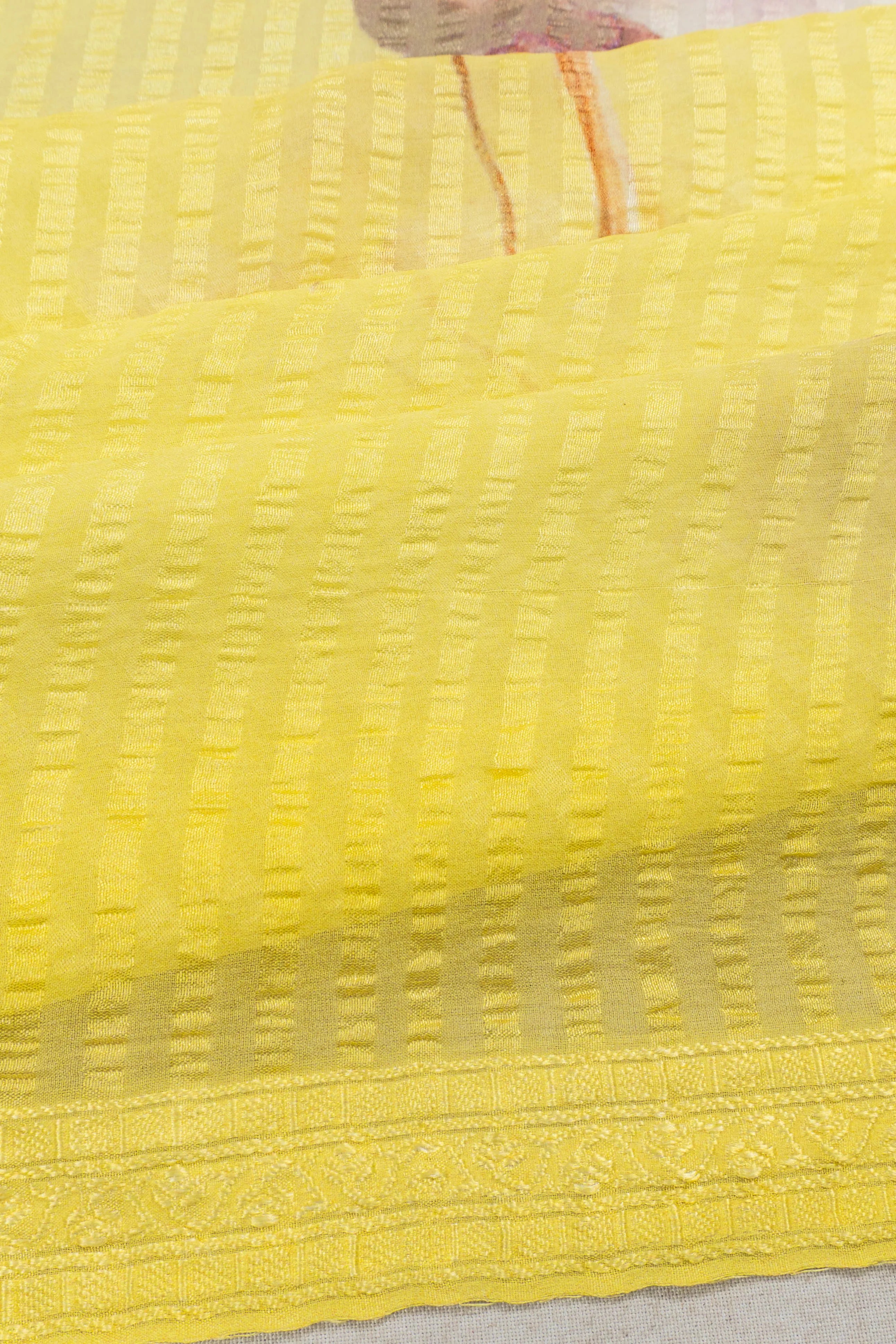 Chiffon Georgette Vertical Lines And Floral Printed Lemon Yellow Saree