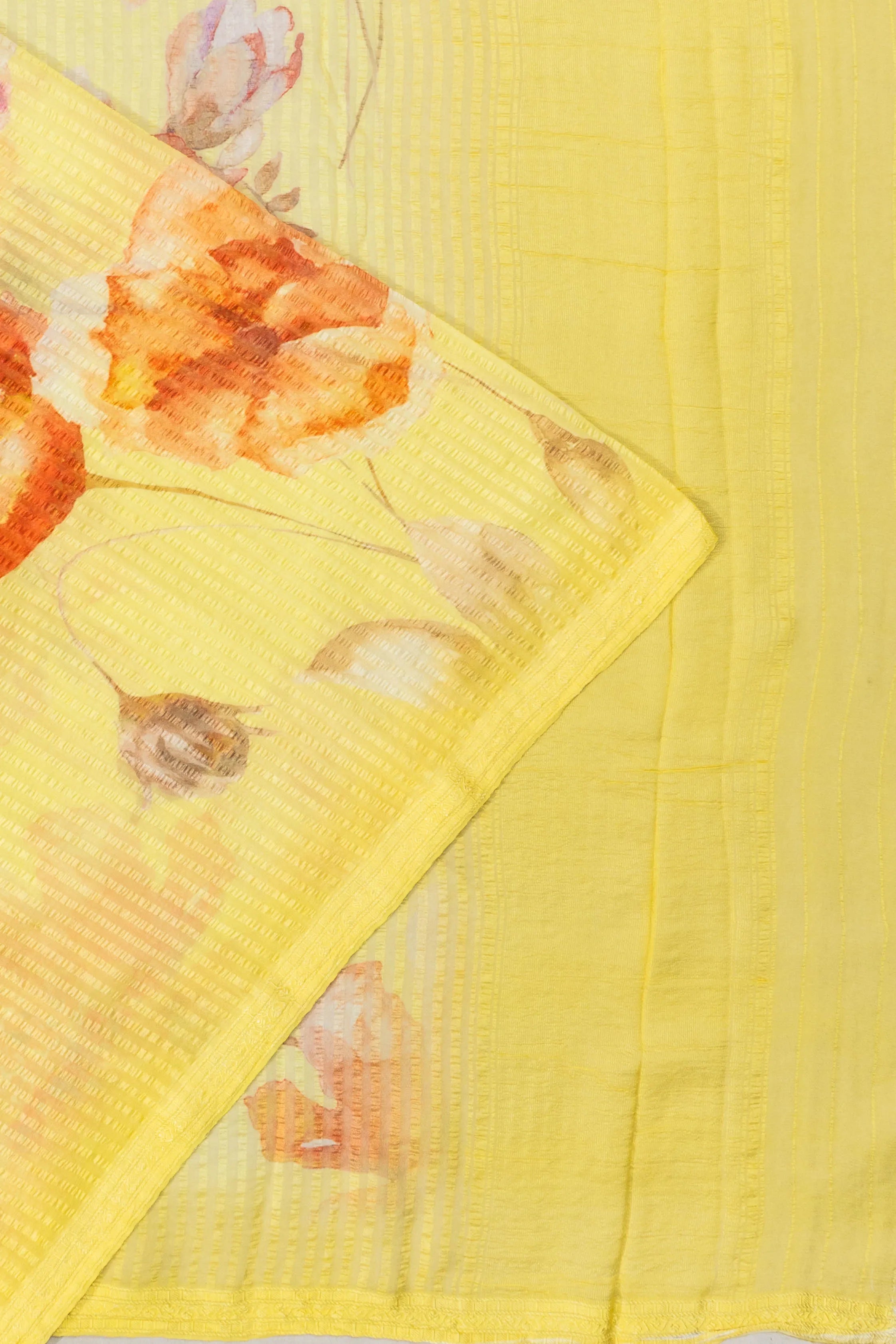 Chiffon Georgette Vertical Lines And Floral Printed Lemon Yellow Saree