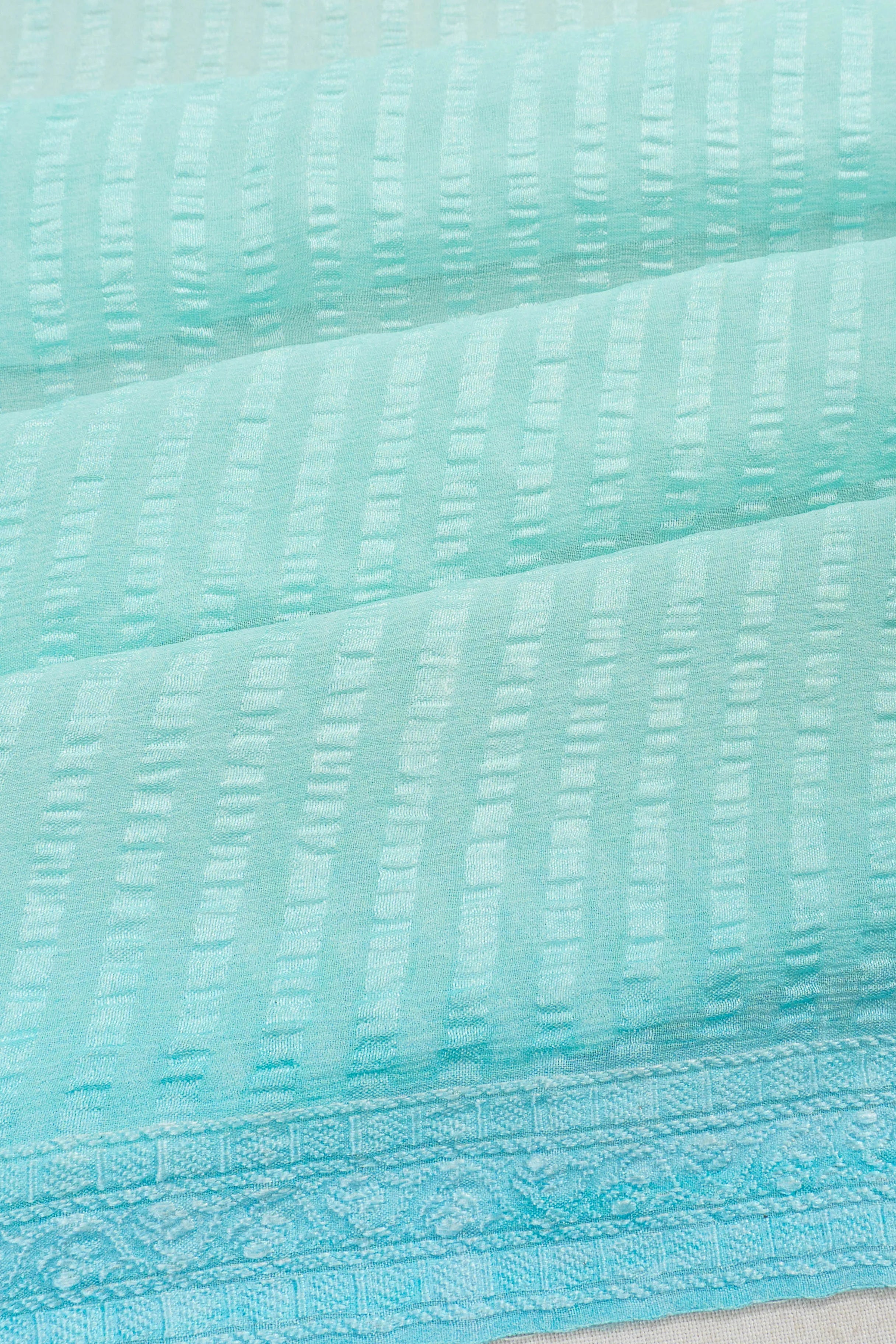 Chiffon Georgette Vertical Lines And Floral Printed Sea Blue Saree