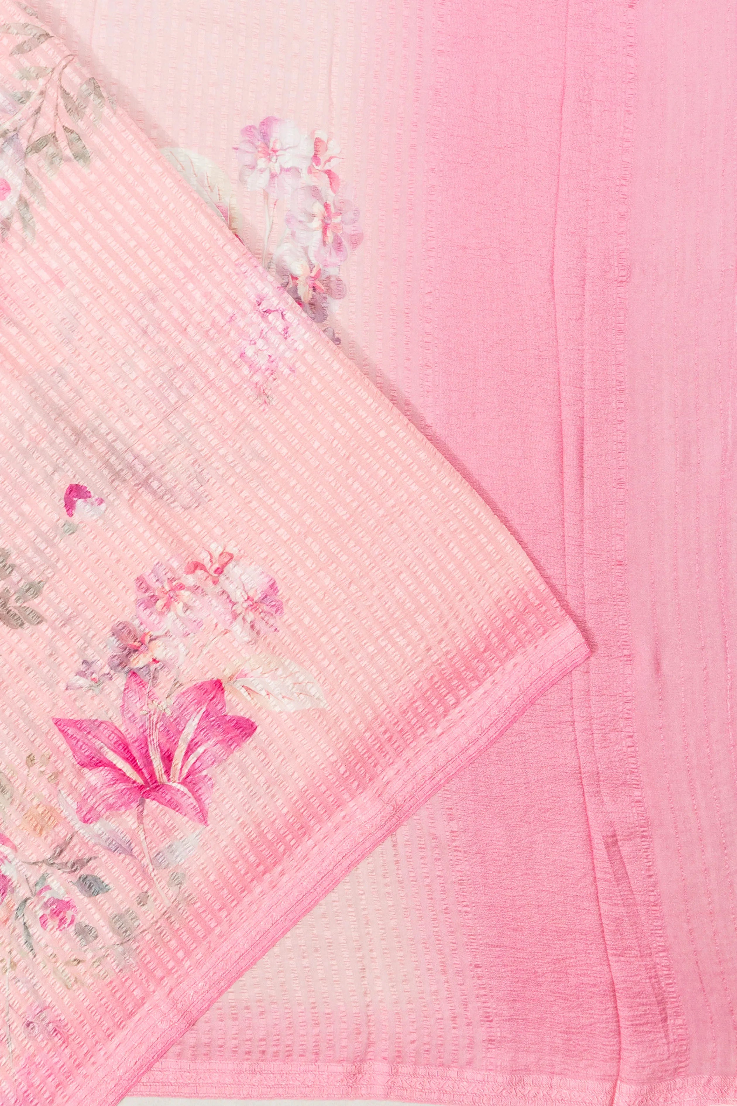 Chiffon Georgette Vertical Lines And Floral Printed Baby Pink Saree