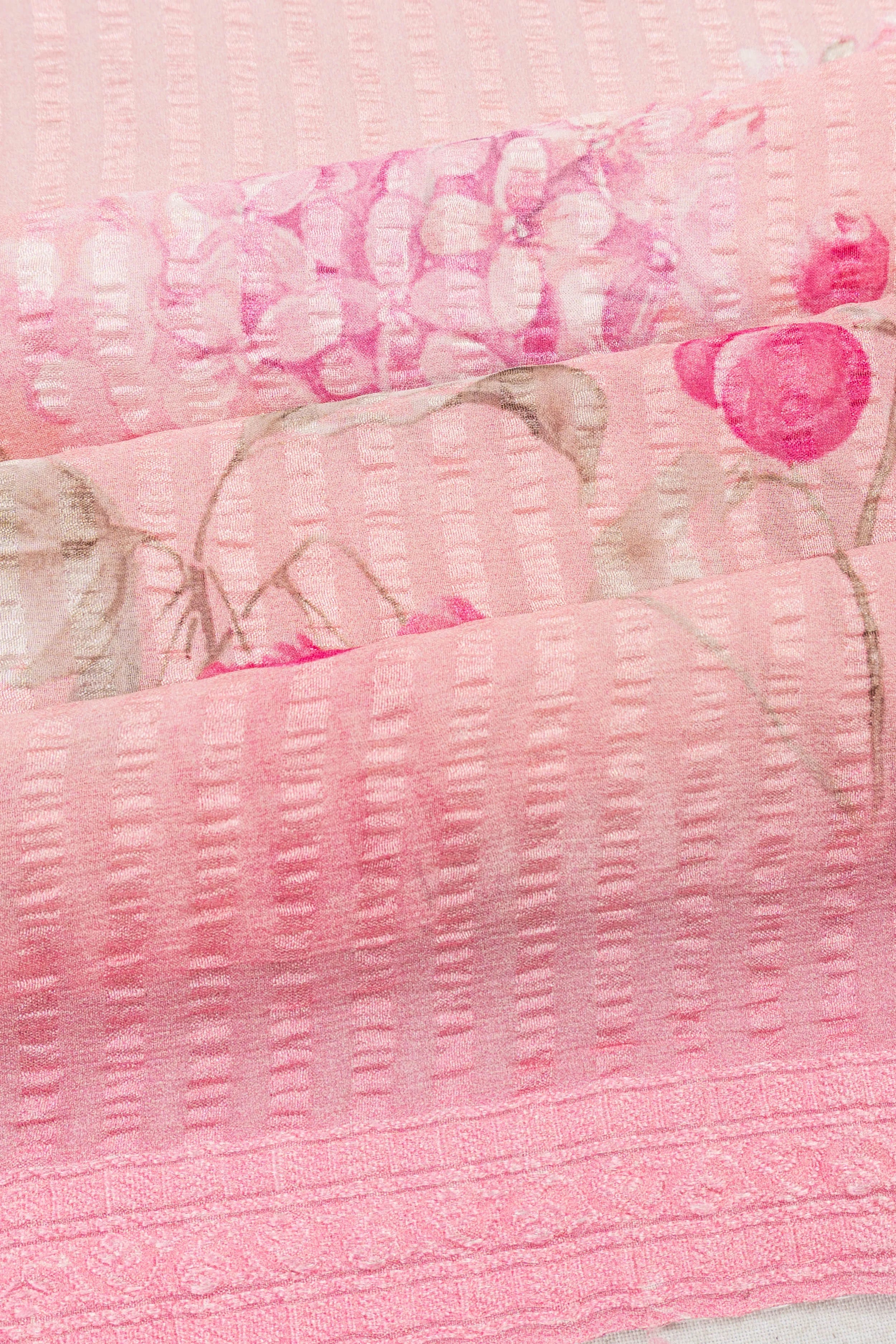 Chiffon Georgette Vertical Lines And Floral Printed Baby Pink Saree