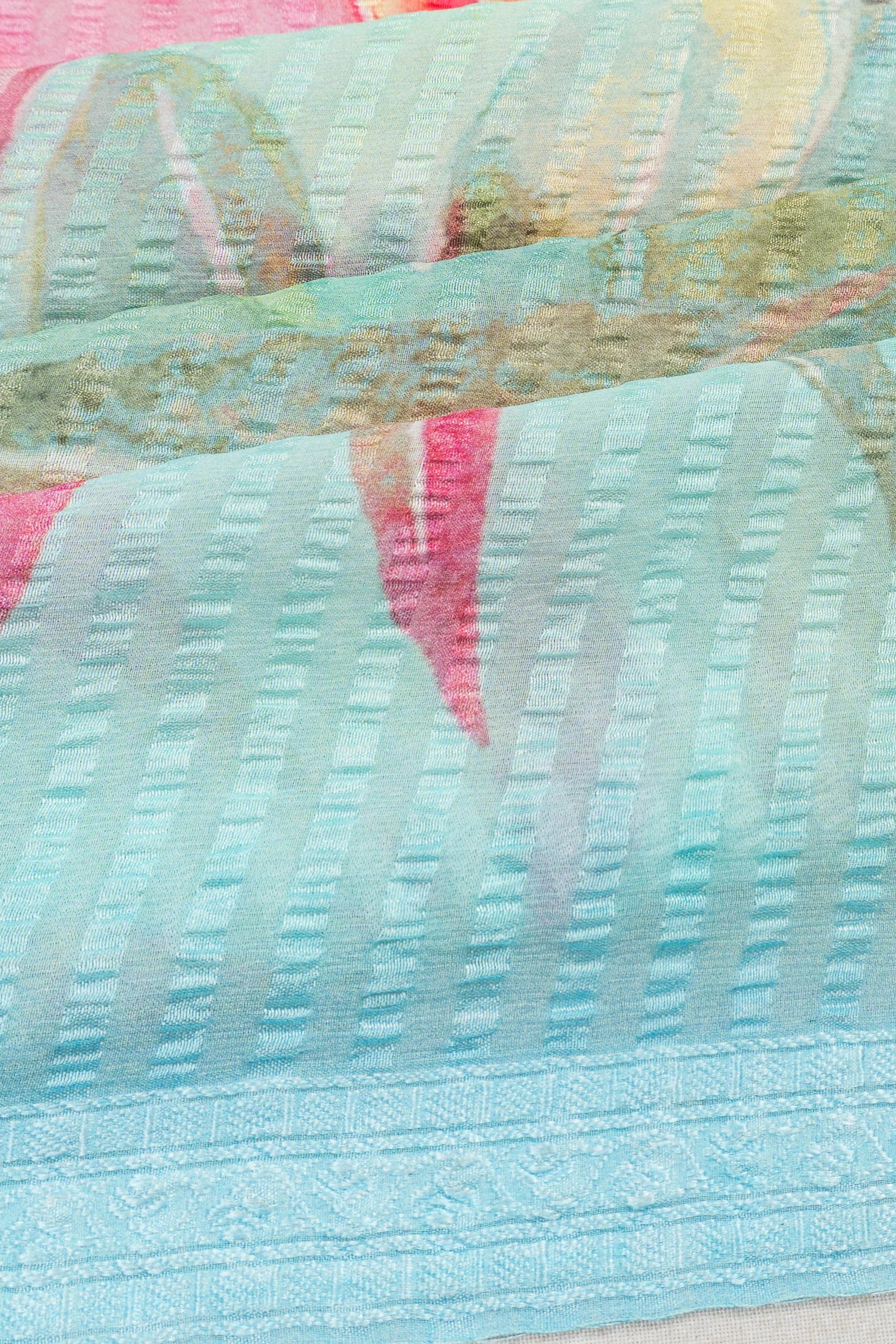 Chiffon Georgette Vertical Lines And Floral Printed Sea Green Saree