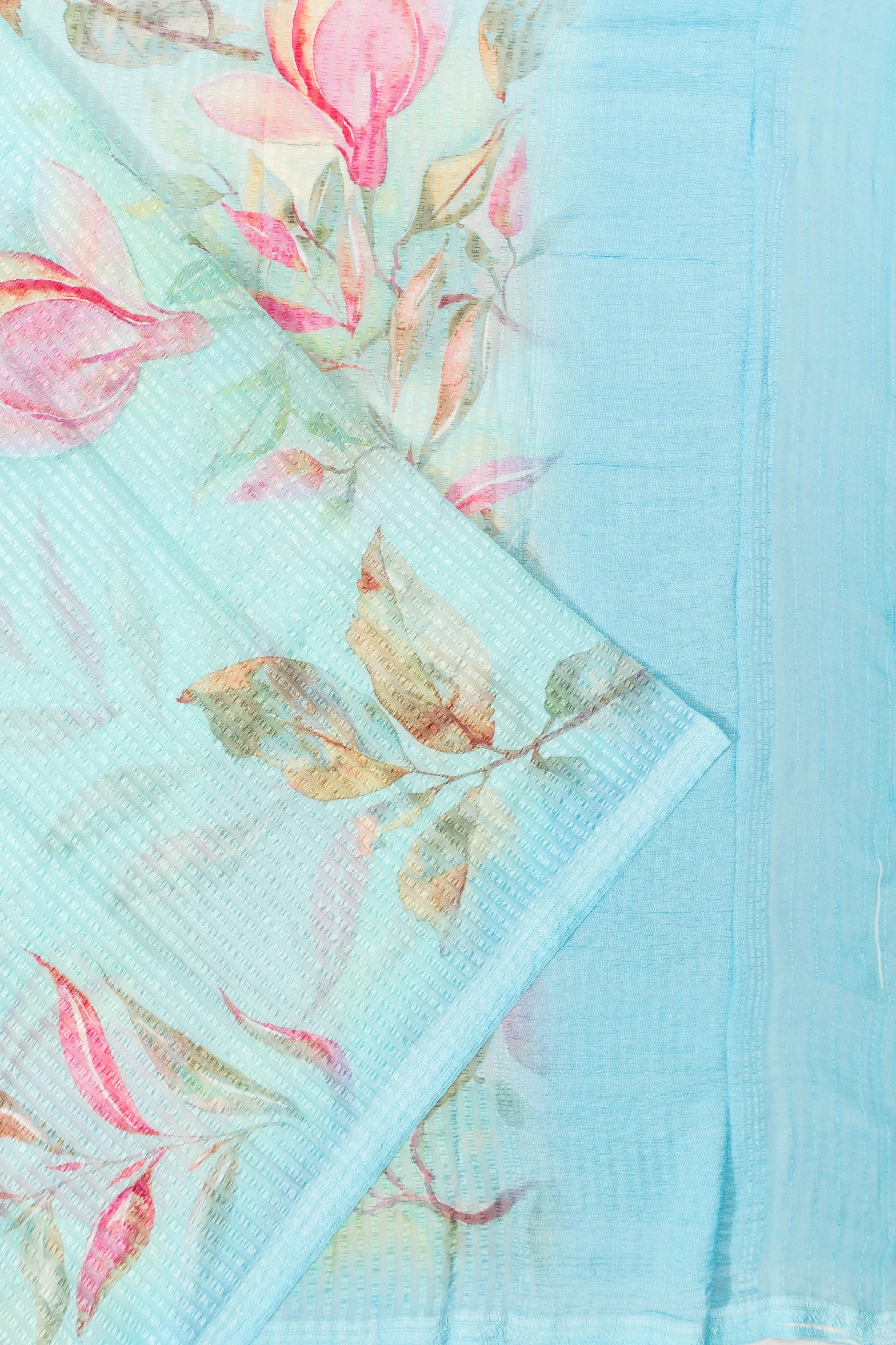 Chiffon Georgette Vertical Lines And Floral Printed Sea Green Saree