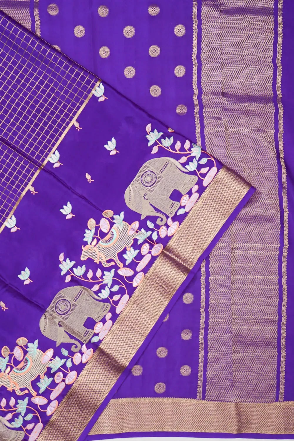 Mysore Silk Checks Violet Saree With Embroidery