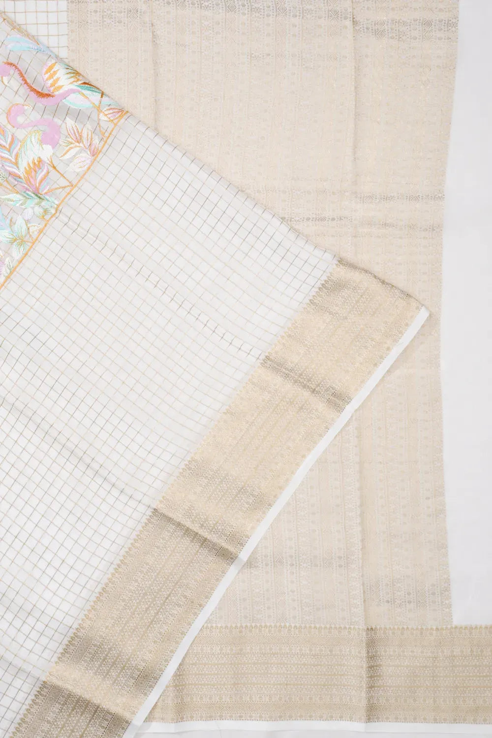 Mysore Silk Checks And Embroidery Off White Saree