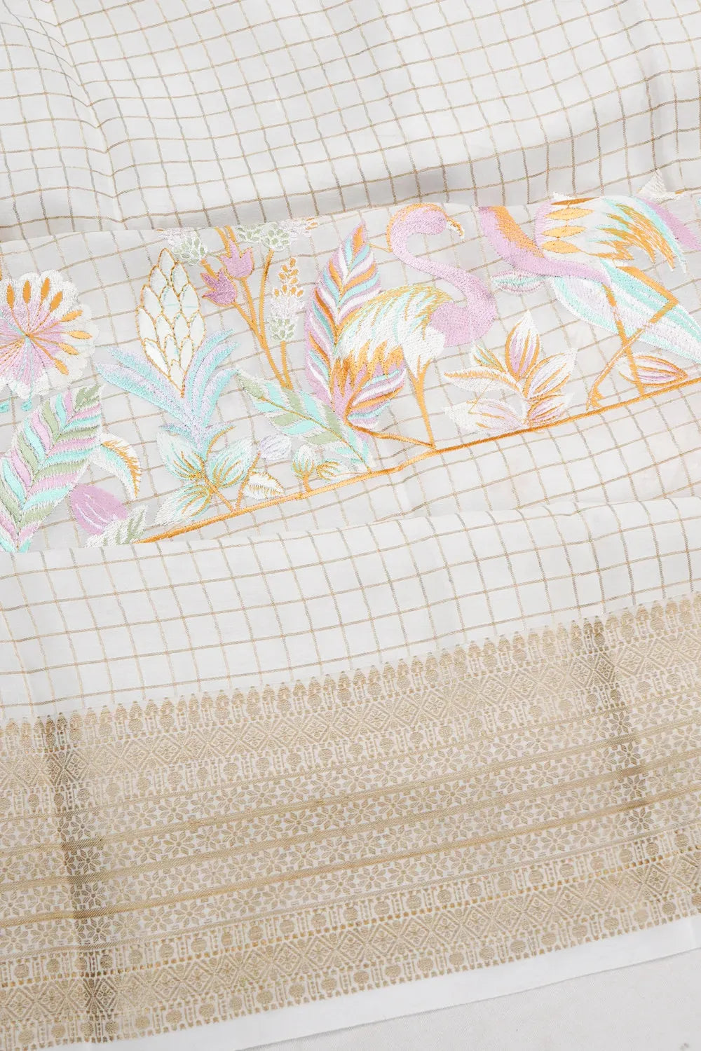 Mysore Silk Checks And Embroidery Off White Saree