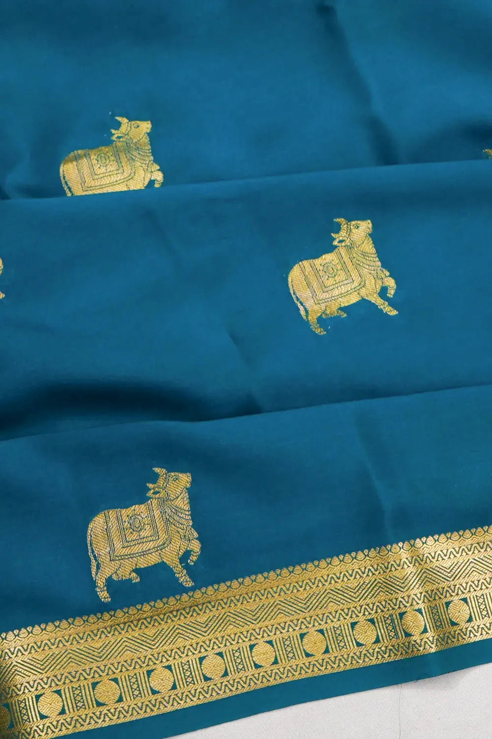 Mysore Silk Pichwai Butta Teal Blue Saree