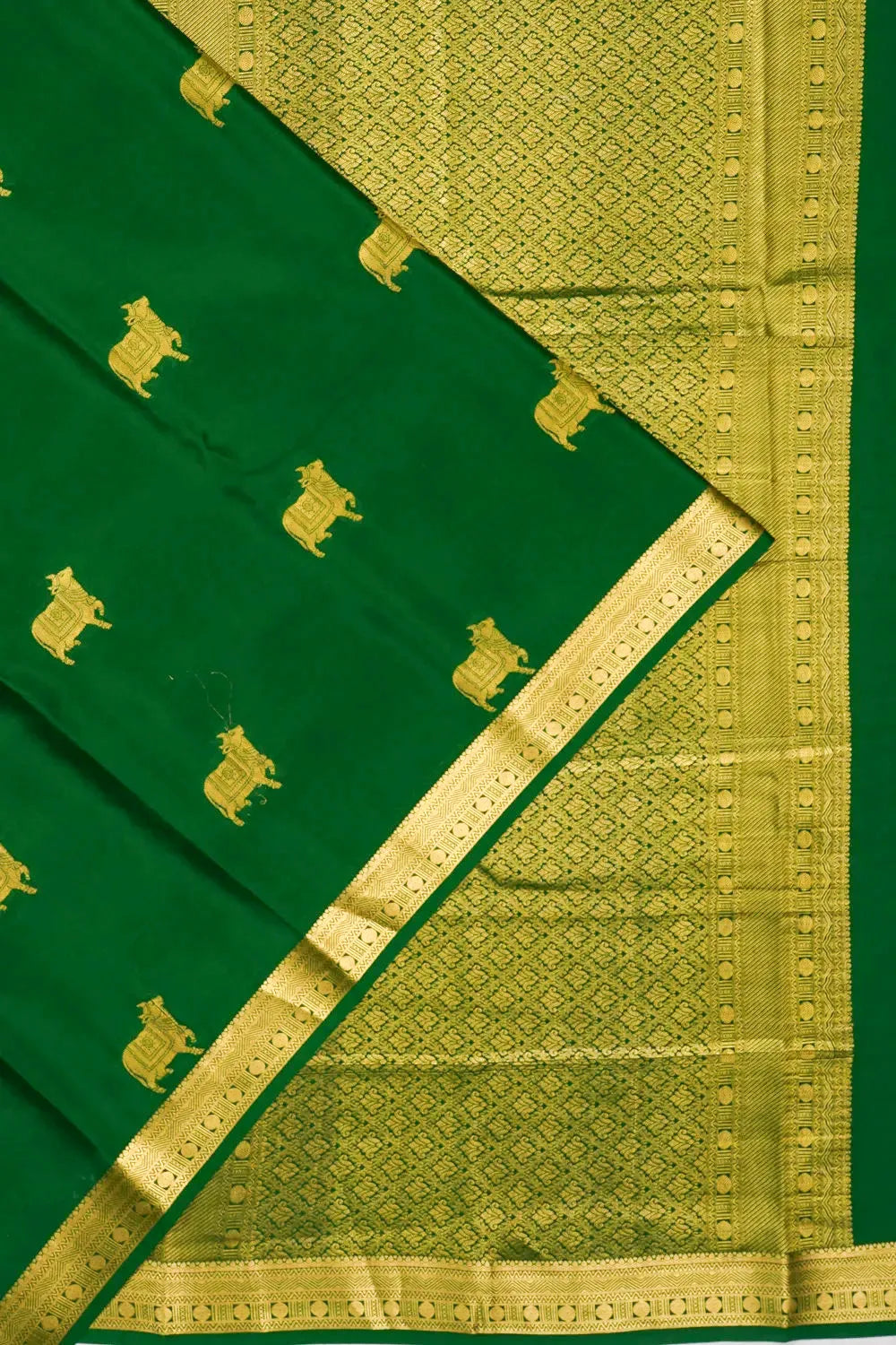 Mysore Silk Pichwai Butta Bottle Green Saree