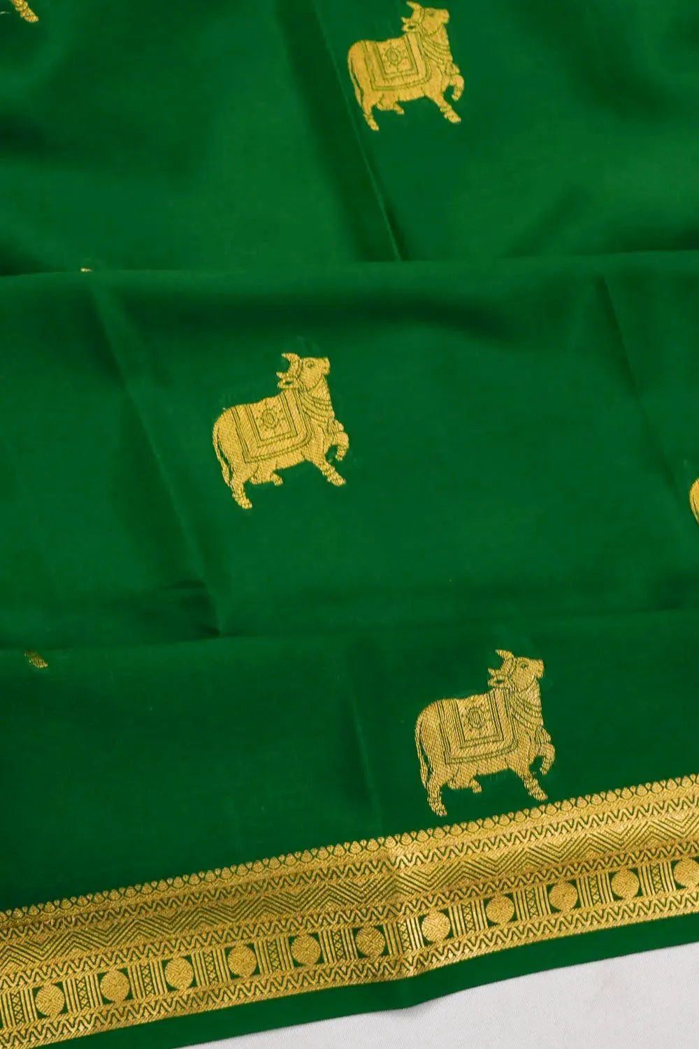 Mysore Silk Pichwai Butta Bottle Green Saree