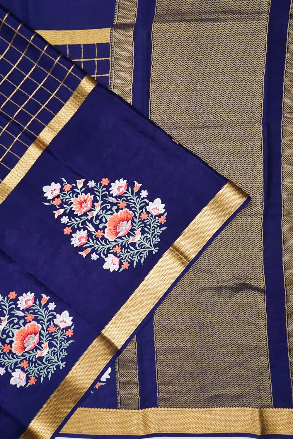 Mysore Silk Checks Dark Blue Saree With Embroidery