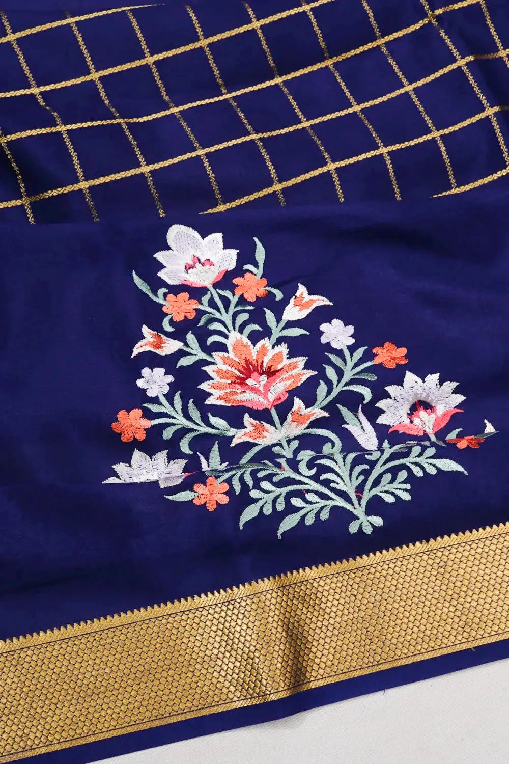 Mysore Silk Checks Dark Blue Saree With Embroidery