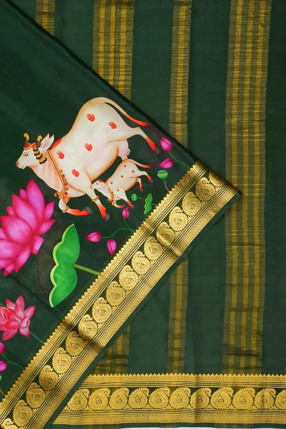 Mysore Silk Plain Bottle Green Saree With Pichwai Motifs
