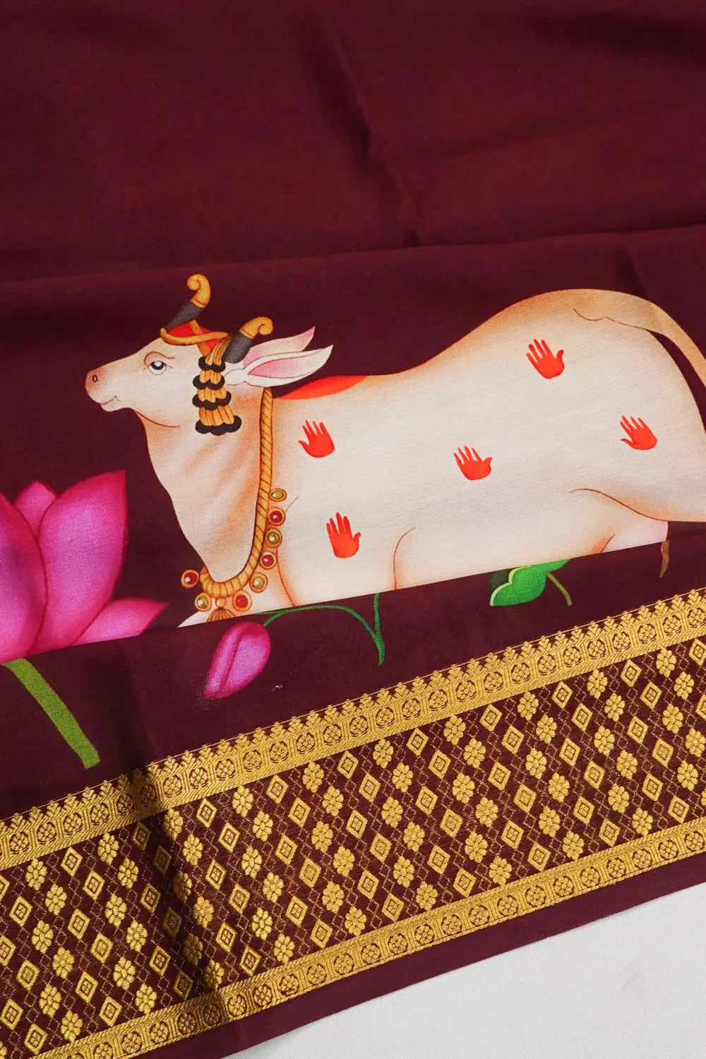 Mysore Silk Plain Maroon Saree With Pichwai Motifs