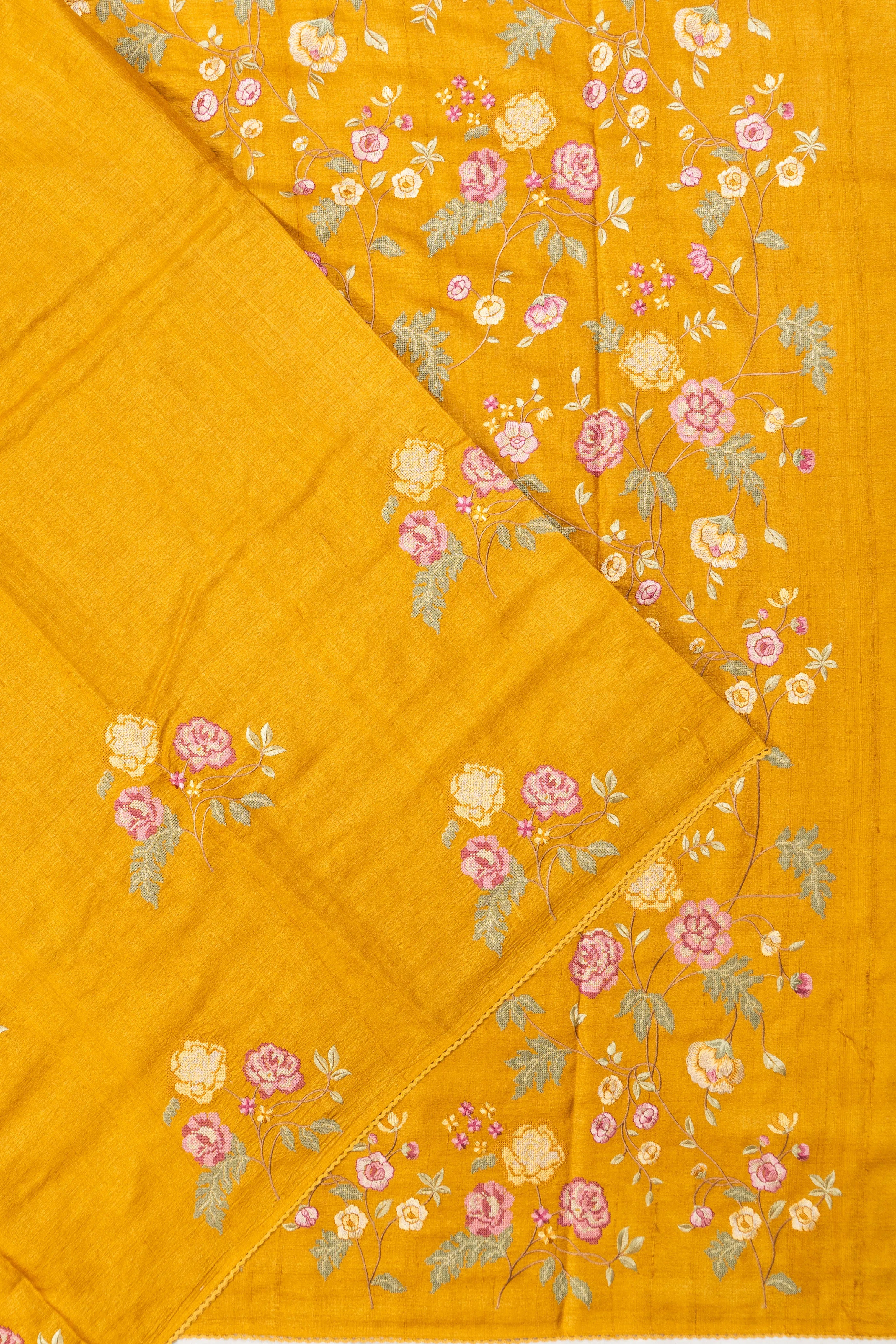 Tussar Plain Mustard Yellow Saree With Embroidery Border