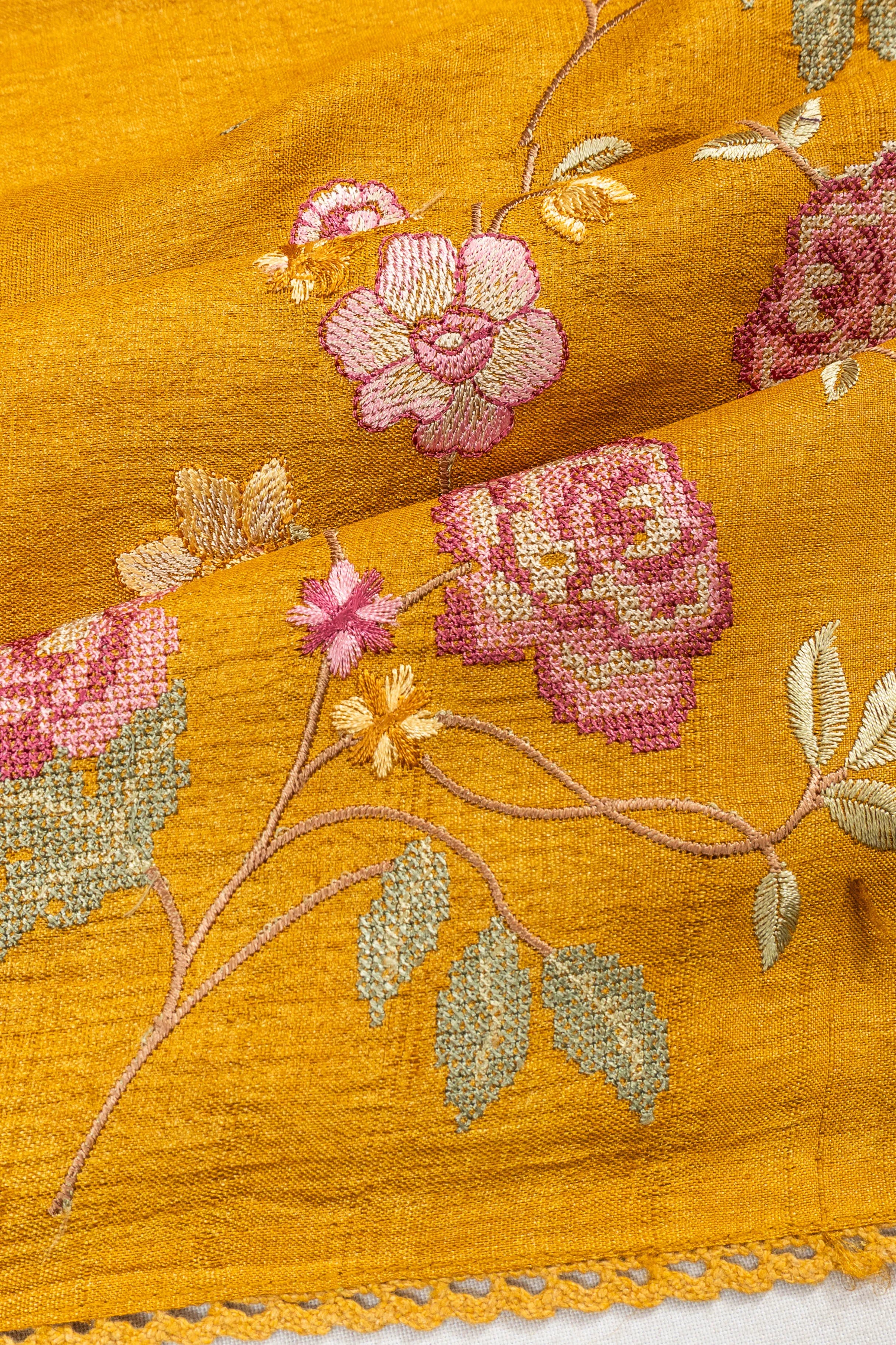 Tussar Plain Mustard Yellow Saree With Embroidery Border